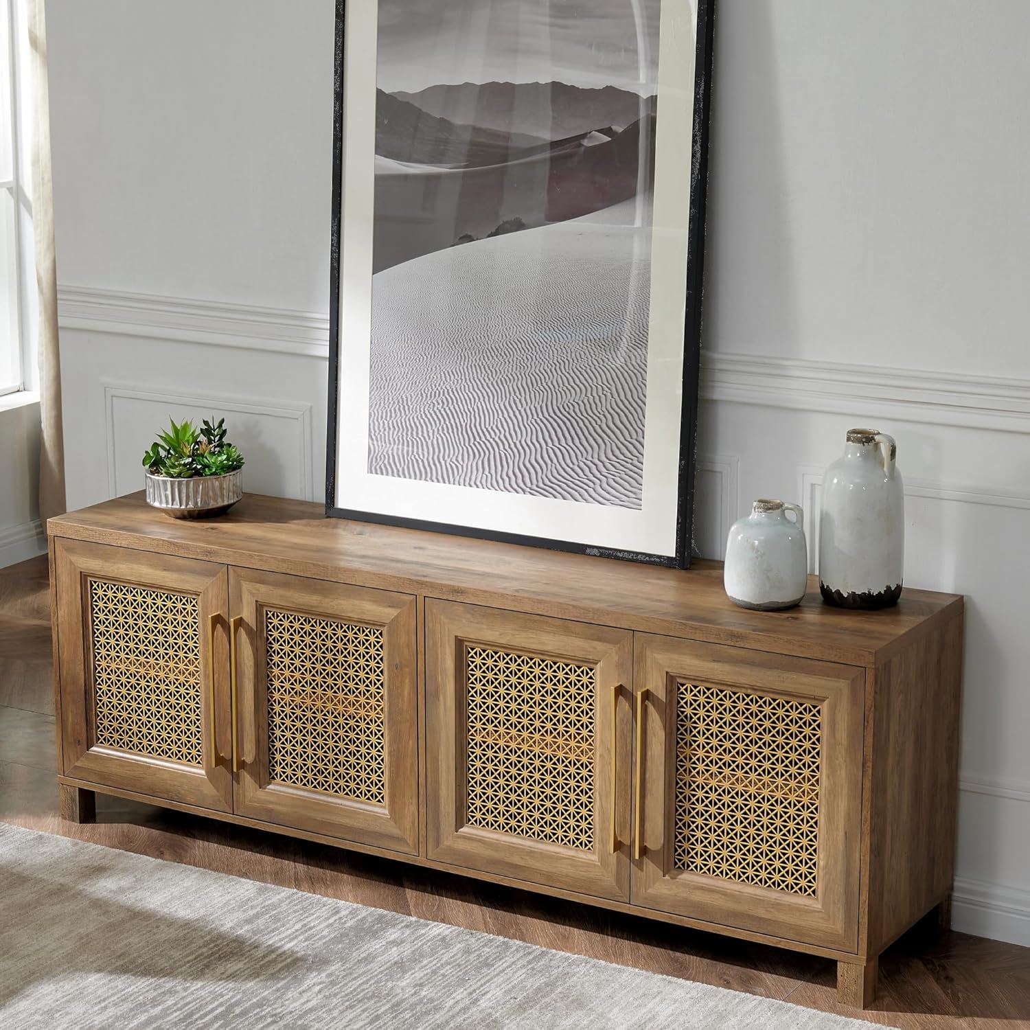Mid Century Modern TV Stand for 75 Inch TVs - Rustic Boho Entertainment Center with Gold Metal Mesh Doors & Storage Cabinets, 69.5
