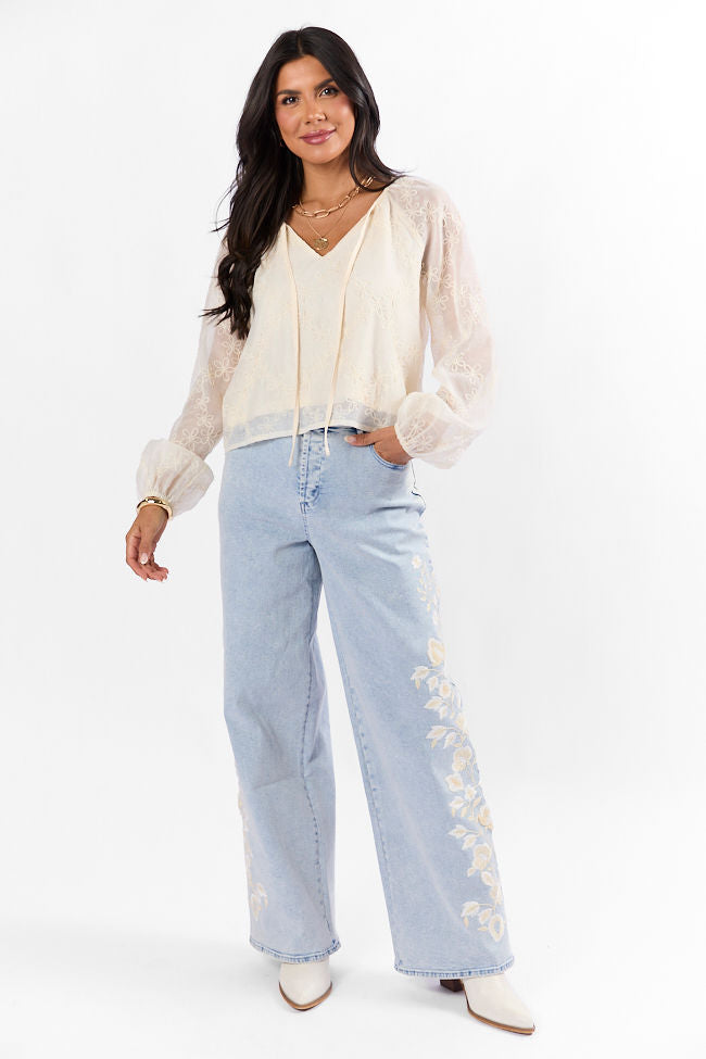 Face The Music Cream Embroidered Blouse for Women - Elegant Casual Top with Floral Embroidery | Perfect for Office Wear, Date Night & Spring Outfits