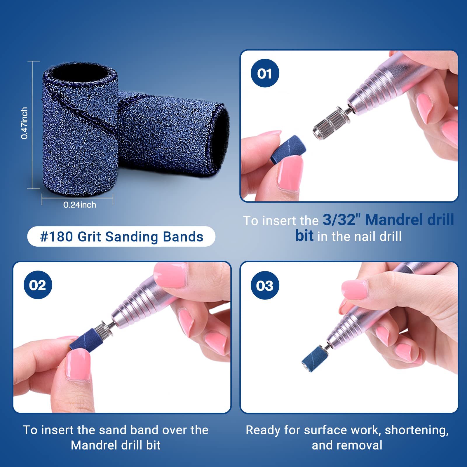 MelodySusie 100 Pcs Nail Drill Bits Sanding Bands - 180 Fine Grit Nail File Sanding Bands for Acrylic Nails, Gel Manicures & Pedicures - Perfect for Professional & At-Home Nail Care, Salon Use & DIY Nail Art