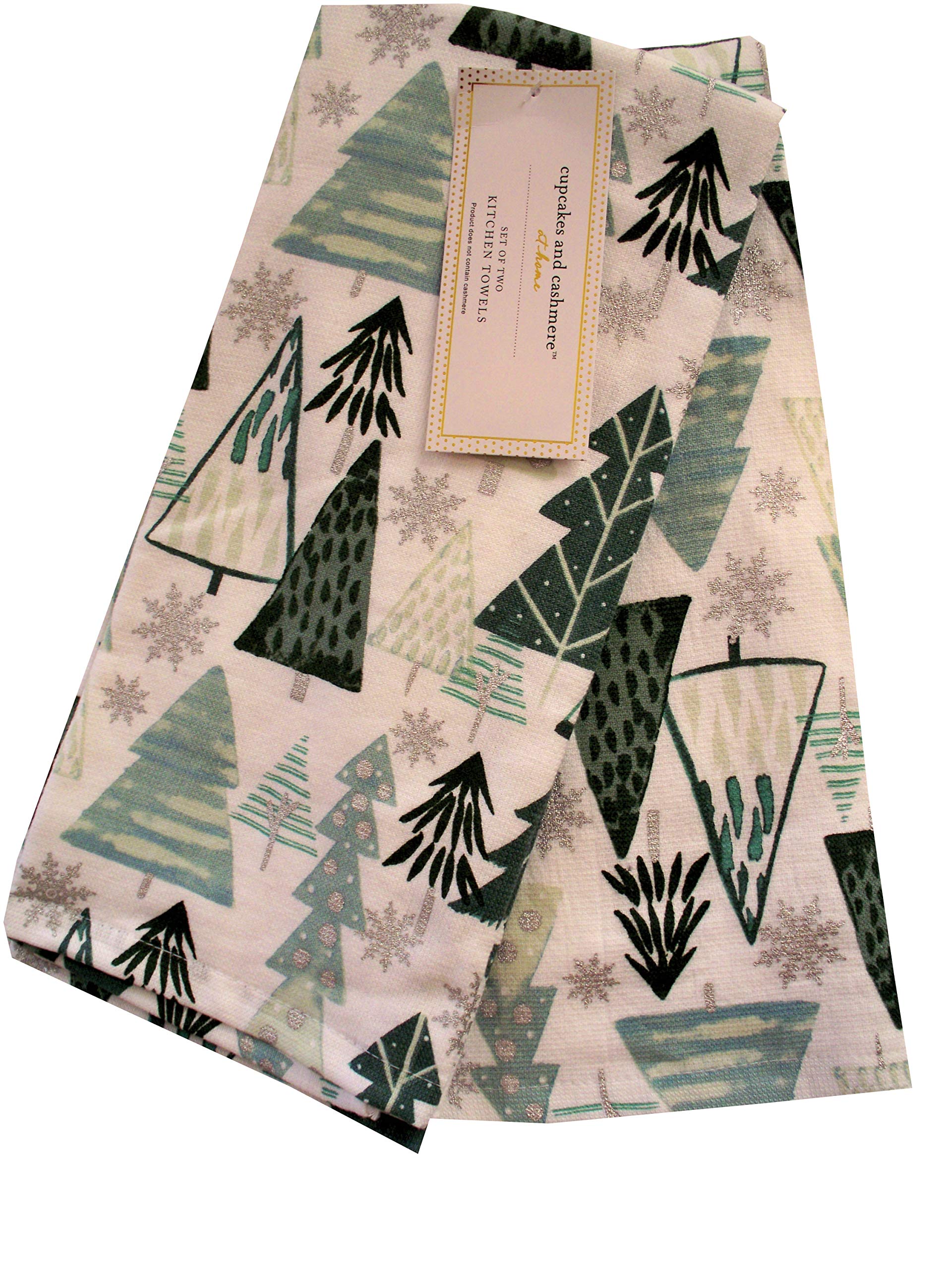 Cupcakes and Cashmere Holiday 2-Piece Kitchen Towel Set - Green Block Christmas Trees with Metallic Silver Snowflakes - Perfect for Christmas Decor & Holiday Kitchen Essentials