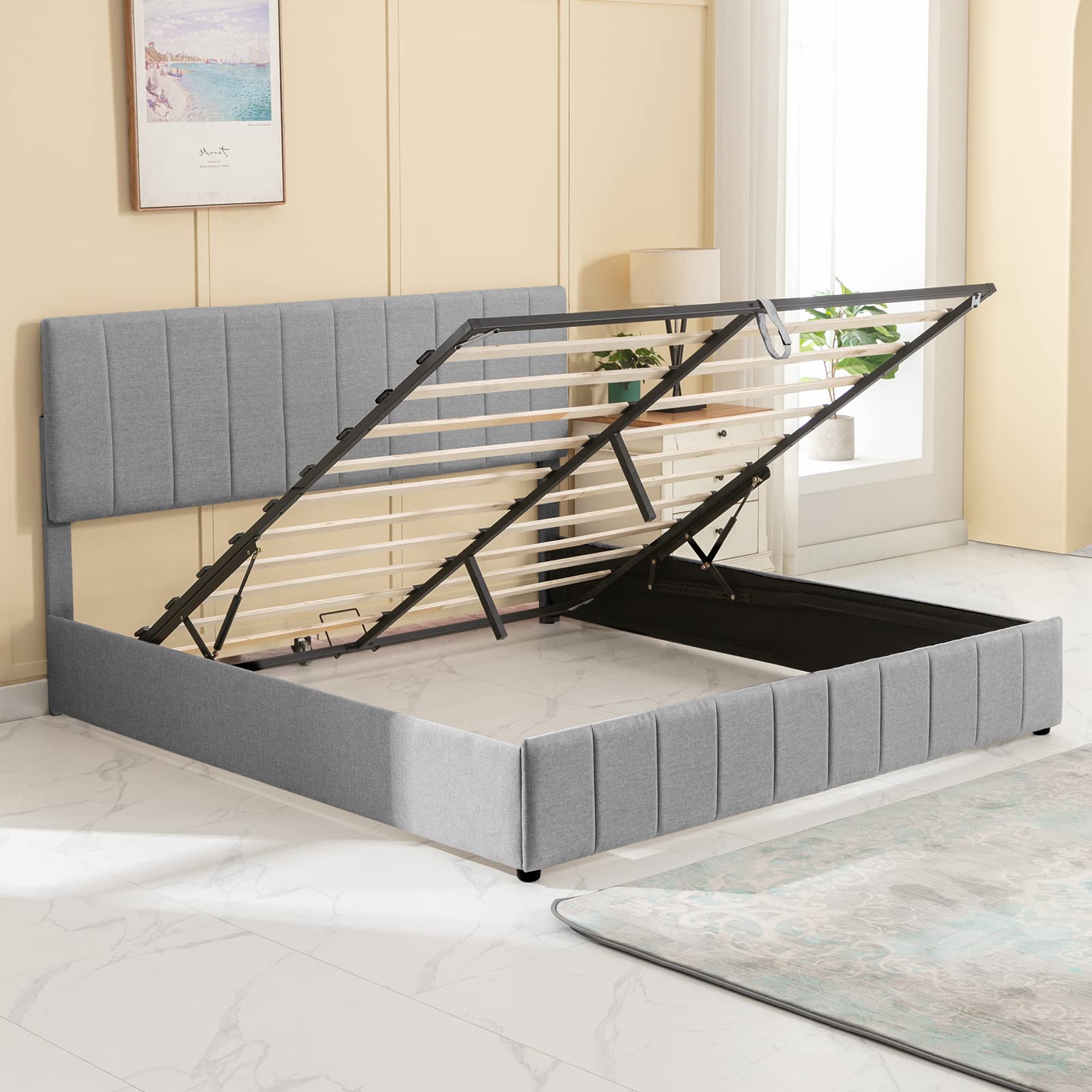 BALUS Queen Bed Frame with Storage - Hydraulic Lifting Platform Bed with Upholstered Wingback Headboard, Modern Floating Cloud Bed Frame (No Box Spring Needed) - Perfect for Small Bedrooms, Guest Rooms & Apartment Living
