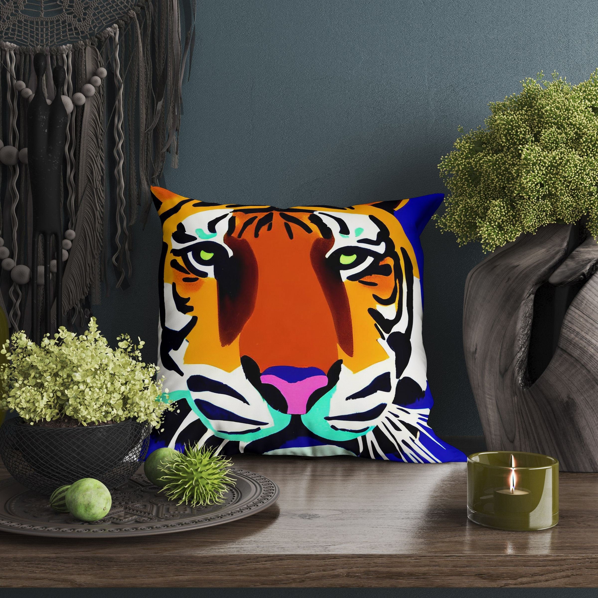 Original Art Wildlife Tiger Throw Pillow Cover - 24x24 Inch Abstract Animal Print Decorative Pillow Case for Sofa, Bed, Living Room - Contemporary Home Decor Gift