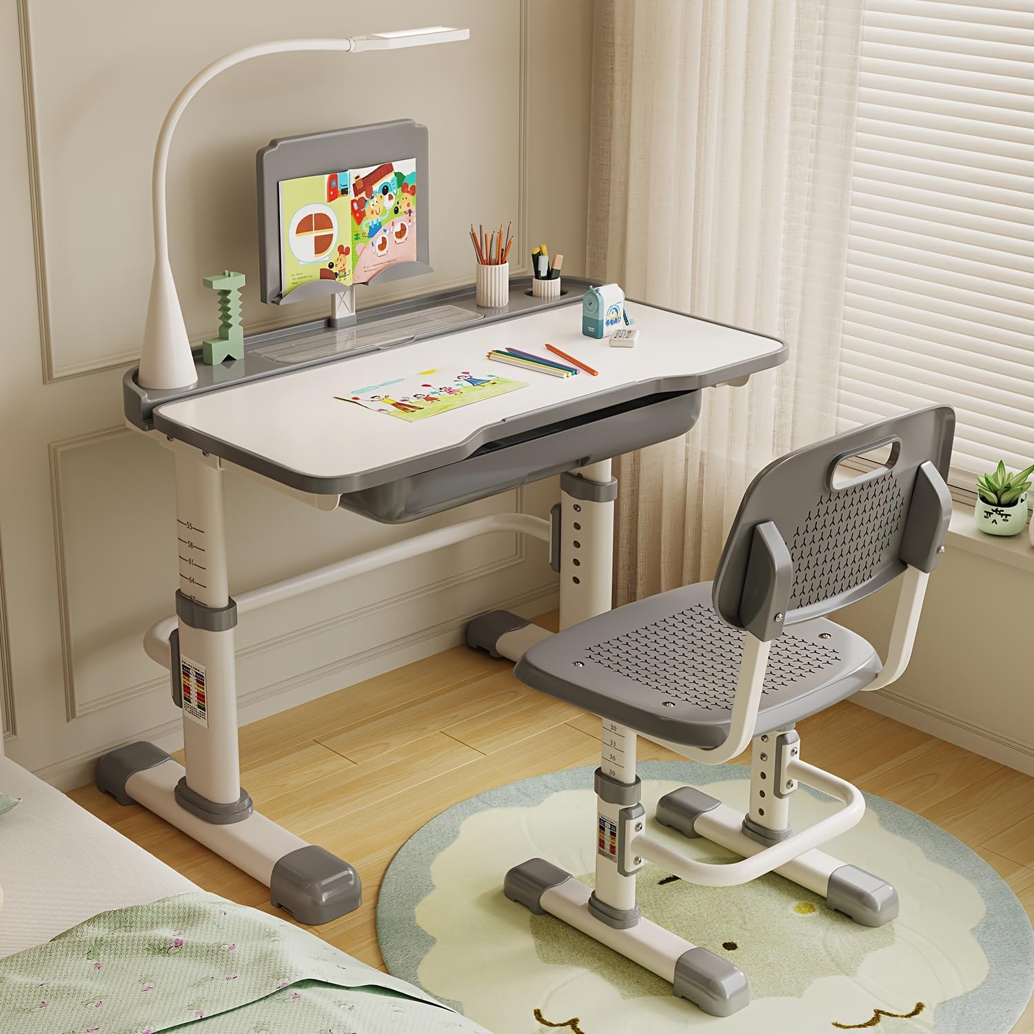 Adjustable Kids Desk and Chair Set with LED Light - Ergonomic Study Desk for Children, Tiltable Desktop for Drawing & Reading, 3 Lighting Modes & Storage Drawer - Perfect for Boys & Girls Bedroom (Grey) - Ideal for Homework, Art Projects & Study Time