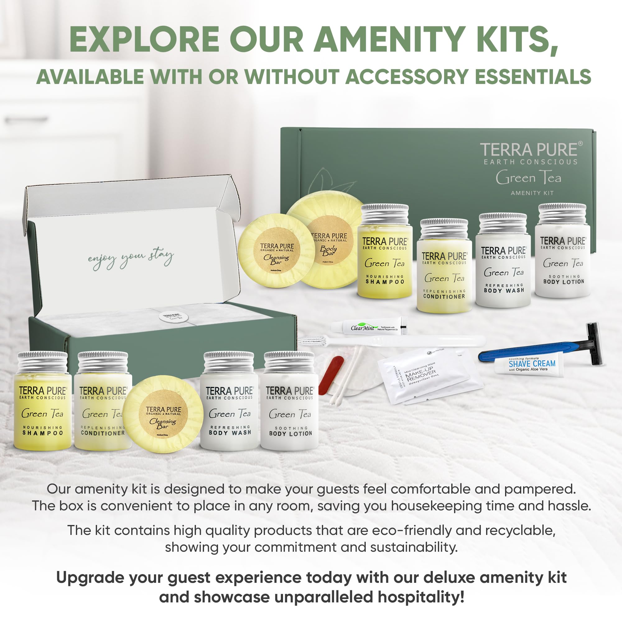 Terra Pure Green Tea Hotel Amenity Kit - Bulk Toiletries Set (15 Sets/Case) with 1 oz Shampoo, Conditioner, Lotion, Body Wash & Soap Bar | Eco-Friendly Travel Essentials for Hotels, Vacation Rentals & Guest Hospitality | Perfect for Spas, Resorts & Business Travelers