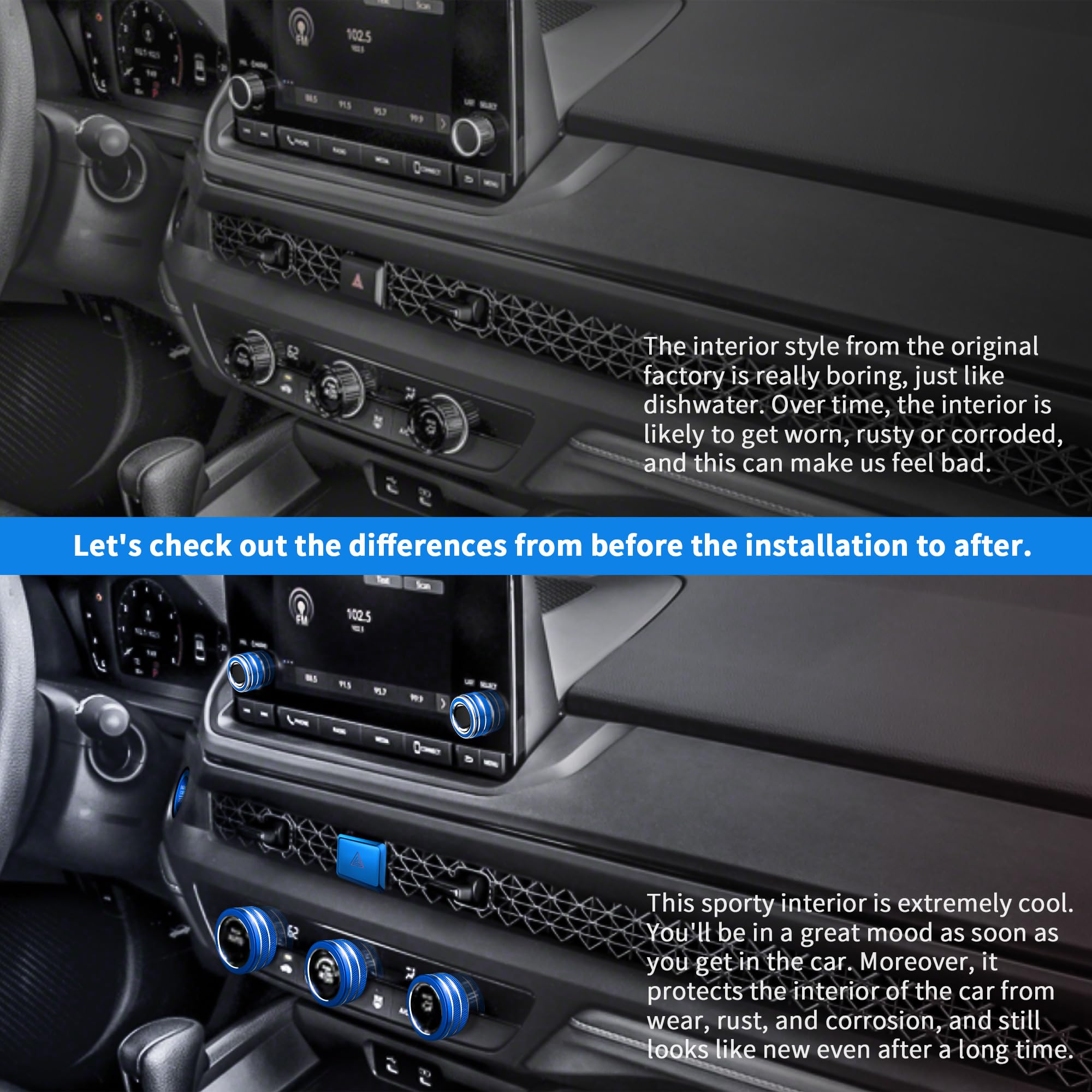 2022-2025 Honda Accord/HRV/CRV/Civic Interior Accessories Kit - 8pcs Blue AC Knob Cover, Volume Control, Warning Lights & Push Start Button Trim Ring | Perfect for Car Customization & Protection