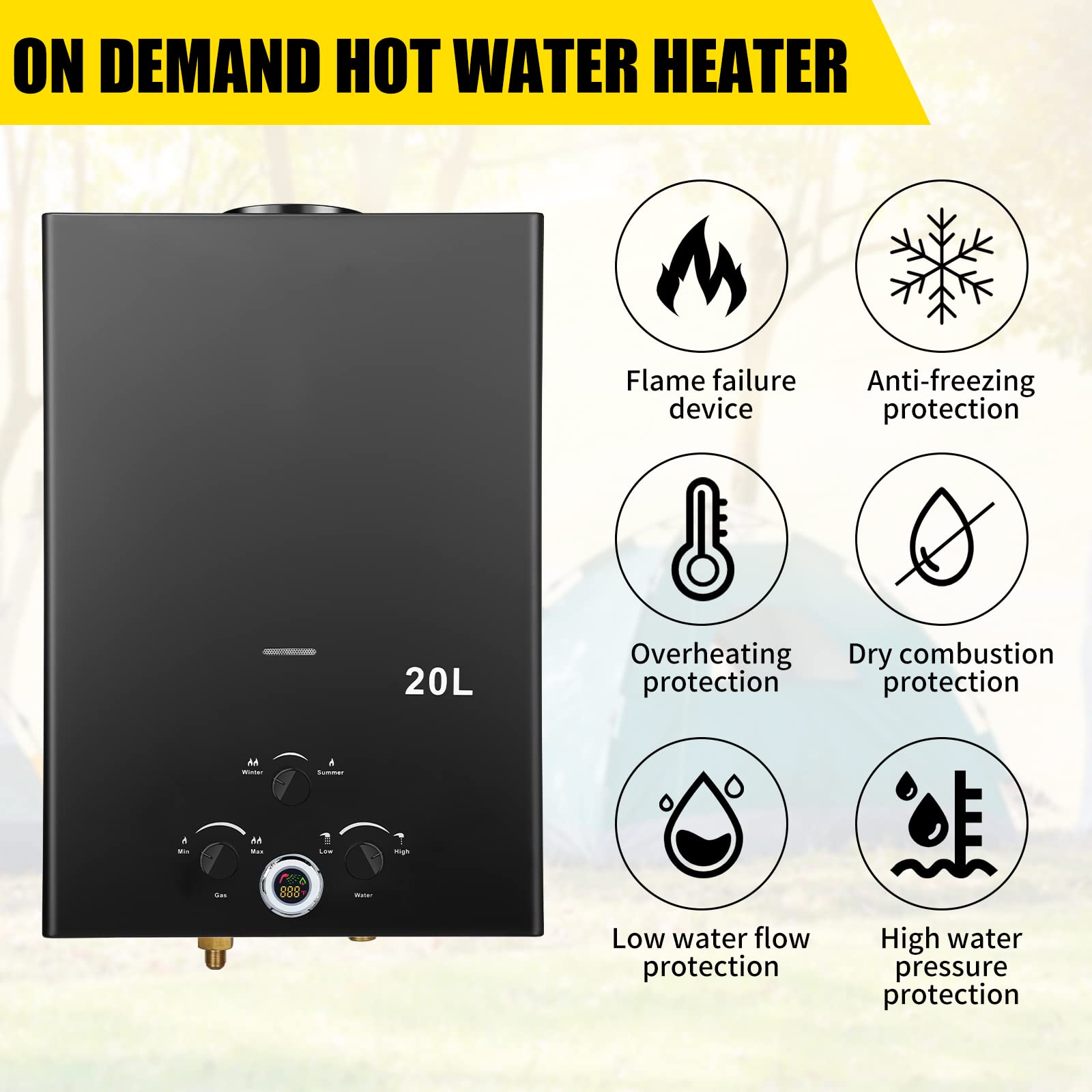 5.26GPM 20L Outdoor Portable Tankless Propane Water Heater with Digital Display - Instant Hot Water for Camping, RV, Boat Cabins & Off-Grid Living - Multi-Protection System for Safe Use