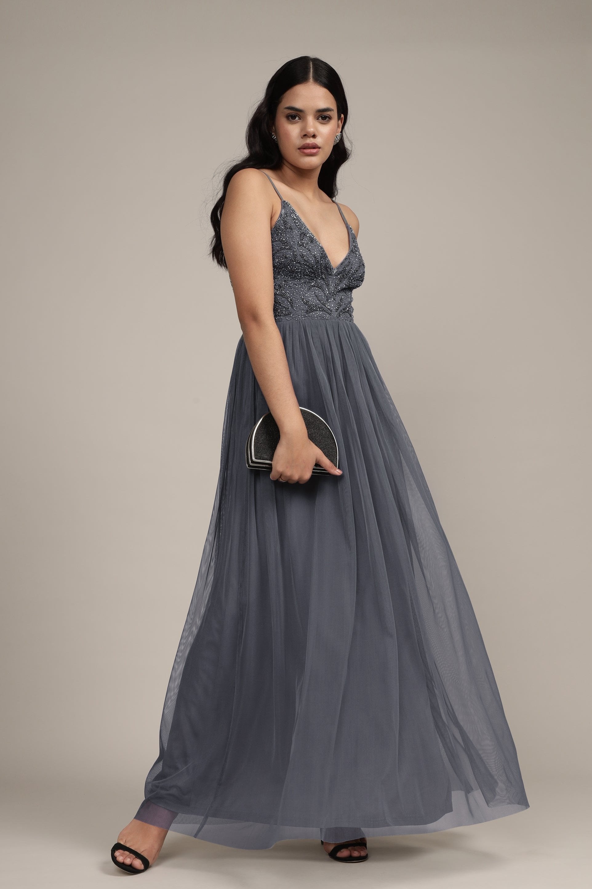 Seraphina Embellished Maxi Dress in Grey - Elegant Long Formal Gown for Weddings, Parties & Evening Events | Plus Size & Petite Options Available