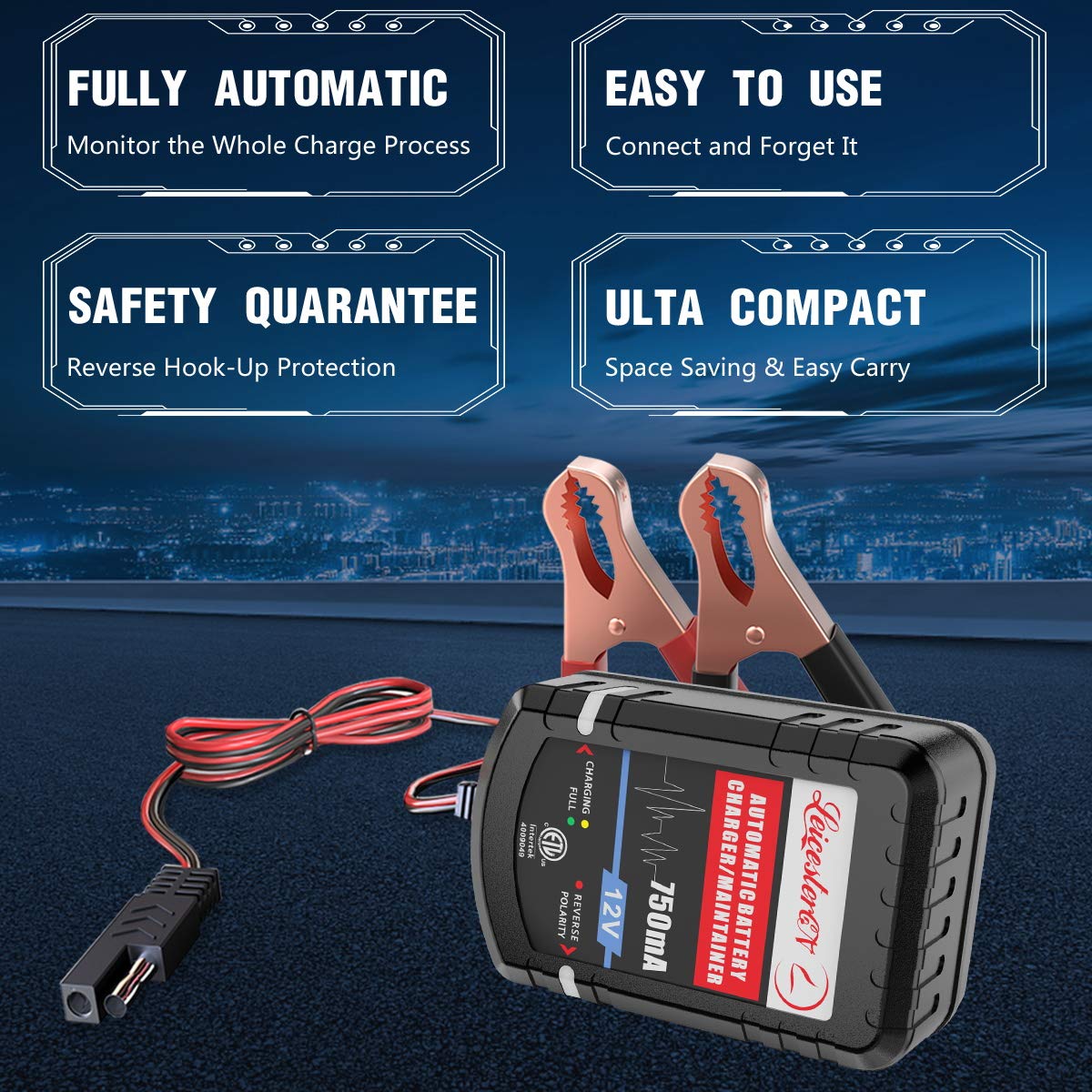 LEICESTERCN 12V 750mA Smart Battery Charger for Car, Motorcycle, Boat - Auto Maintenance & Long Storage