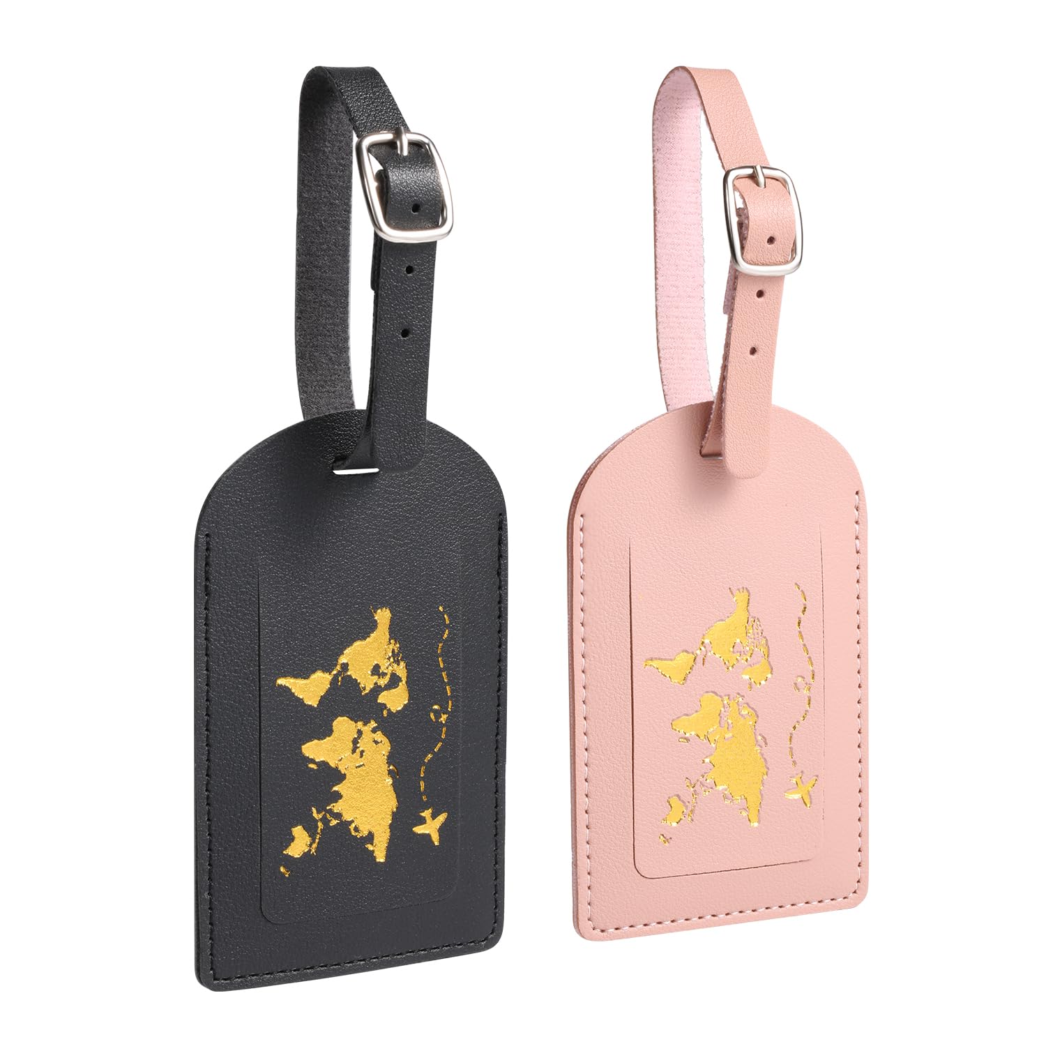 2-Pack Leather Luggage Tags with Adjustable Straps - Durable Privacy Protection Baggage ID Labels for Suitcases, Travel Bags & Backpacks - Perfect for Air Travel, Honeymoon, Wedding & Valentine's Day Gifts (Black & Pink)