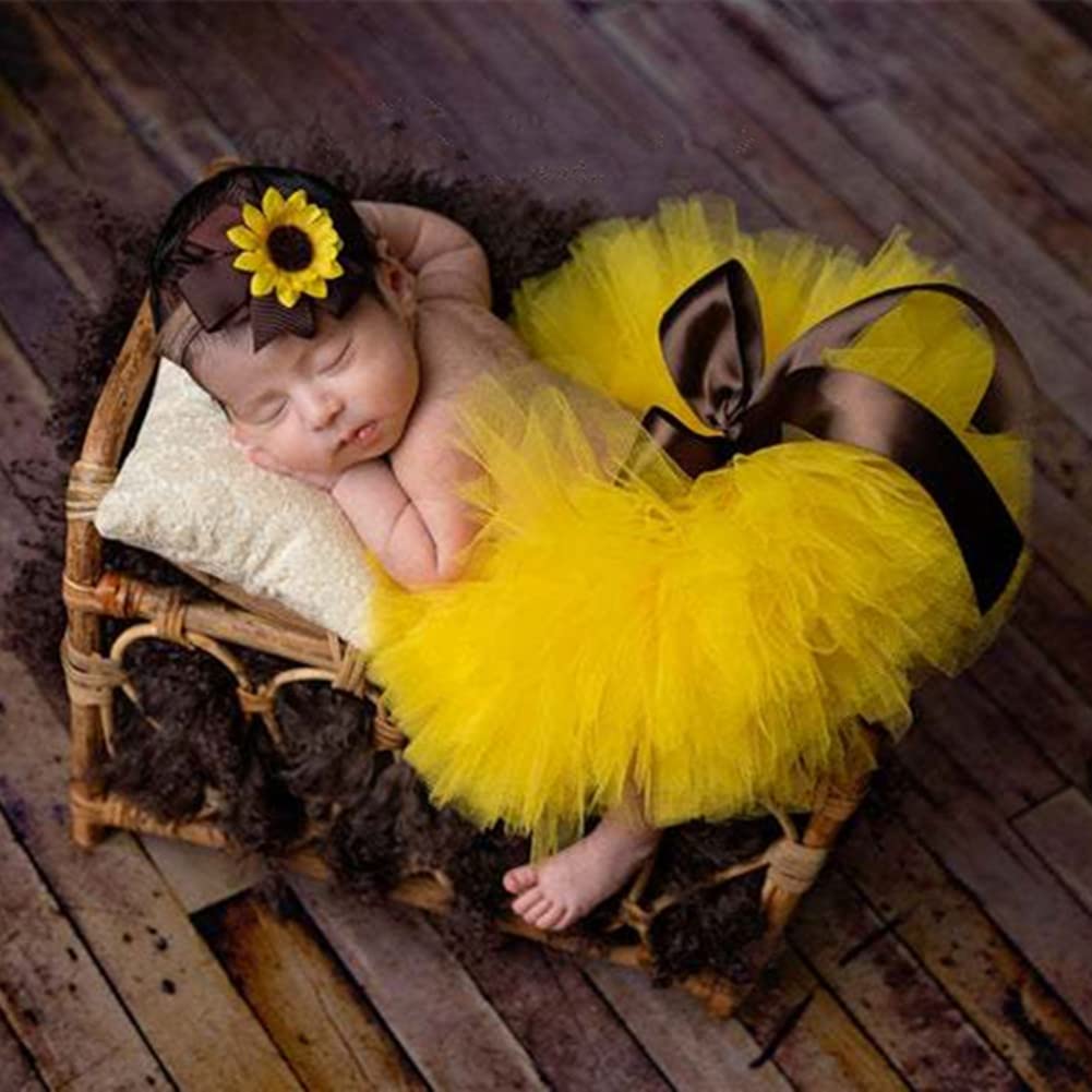 Newborn Baby Girl Photography Props - Handmade Fluffy Tulle Headband & Princess Tutu Skirt Outfit Set for Newborn Photo Shoots, Christening, and Special Occasions