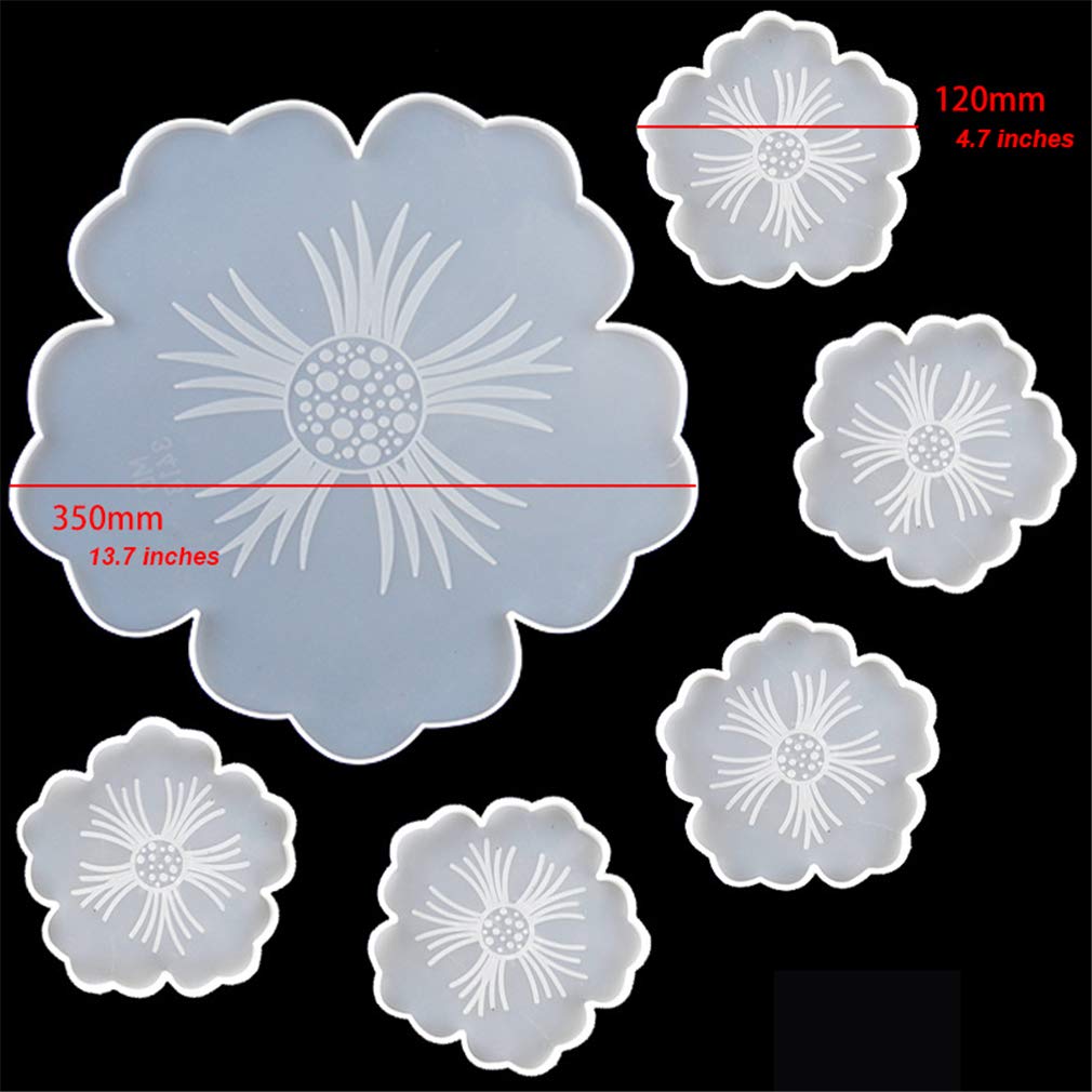 Remanbo Flower Shaped Epoxy Resin Casting Molds Set - 1 Large Tray Mold & 5 Coaster Molds for DIY Home Decor, Wedding Centerpieces & Craft Projects