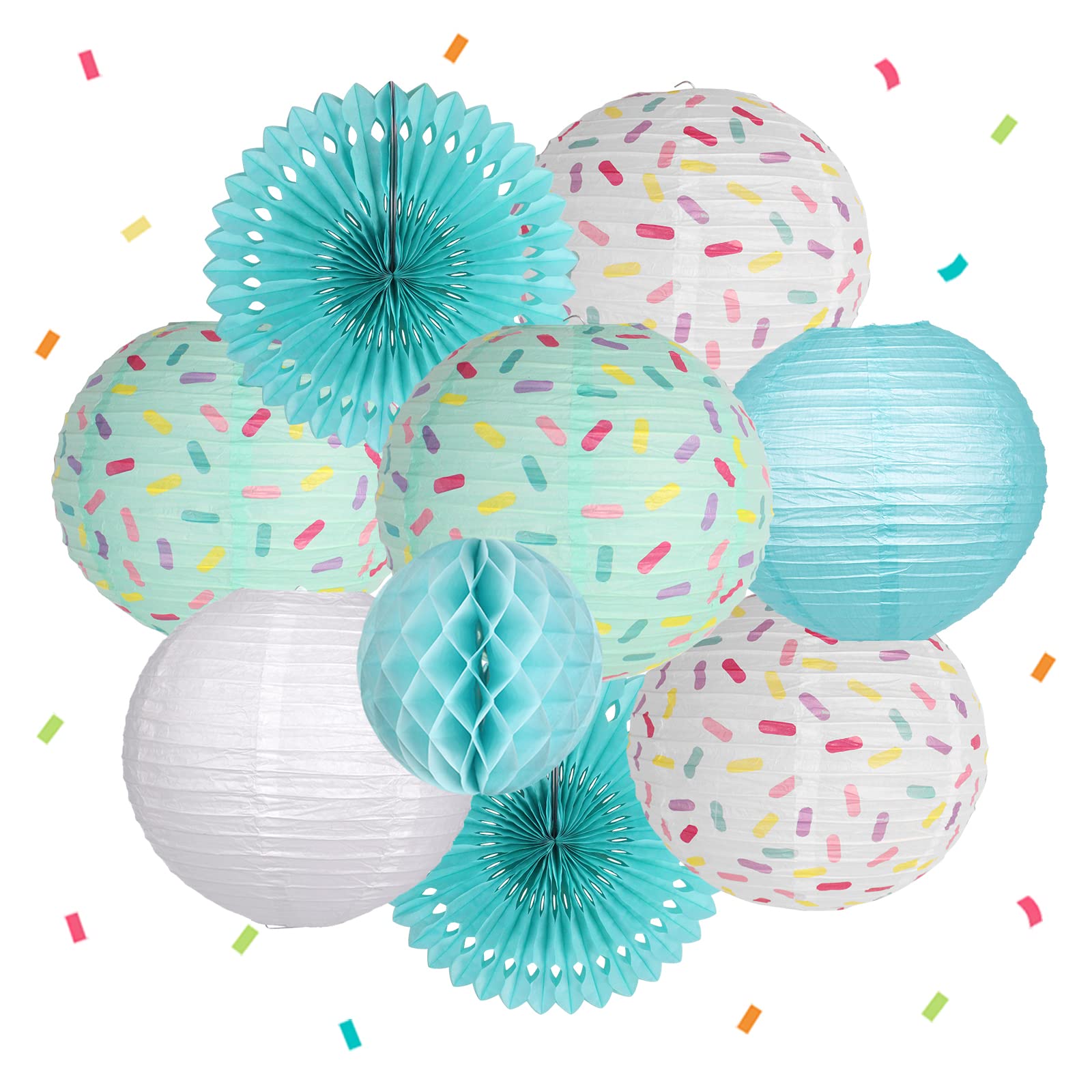 Colorful Donut Party Decorations - Birthday Party Supplies Kit with Lanterns, Paper Fans & Honeycomb Balls for Kids Birthday, Baby Shower & Classroom Celebrations - Perfect for Wall Decor, Photo Backdrops & Party Themes