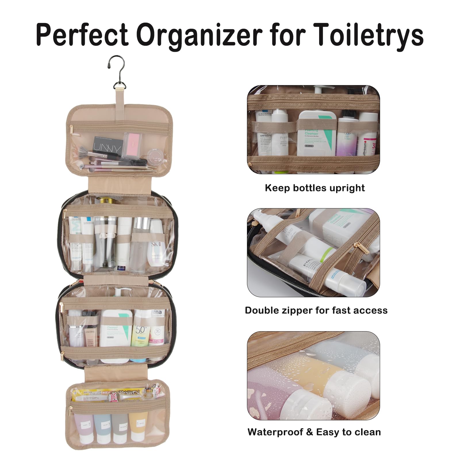 Waterproof Hanging Travel Toiletry Bag for Women with Leak-Proof Bottles - Pink Cosmetic Organizer for Makeup, Toiletries & Travel Essentials - Perfect for Airplane, Gym & Vacation Trips