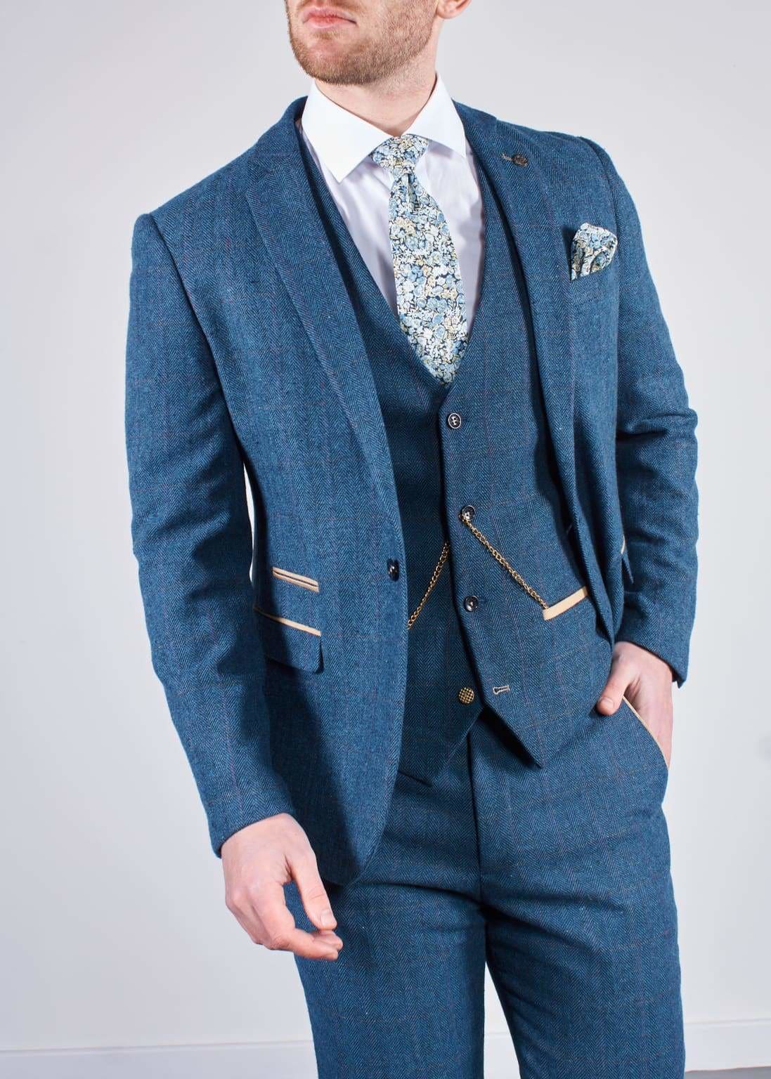 Marc Darcy Dion Men's 3 Piece Blue Tweed Suit - Slim Fit Wedding, Business & Formal Attire for Special Occasions