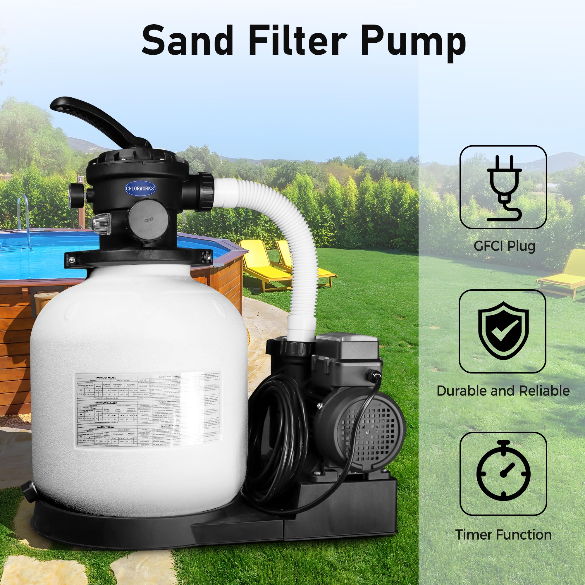 **3036GPH Sand Filter Pump for Above Ground Pools – 4.4lbs Pool Filter Balls, 20,000GAL Capacity, Timer, 6-Way Valve, GFCI Plug, 110-120V – 2-Year Warranty – Perfect for Backyard, Inflatable, and Family Swimming Pools**