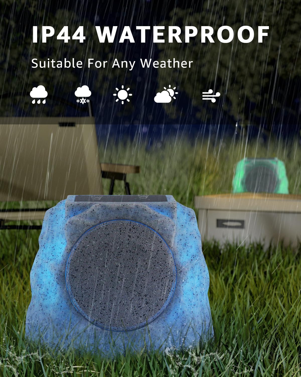 Outdoor Bluetooth Rock Speakers - Solar Powered, Waterproof, Wireless with RGB Lights & TWS Pairing - All Weather Resistant for Patio, Deck, Pool, Garden, BBQ (2-Pack) - Perfect for Outdoor Parties, Camping, and Backyard Entertainment