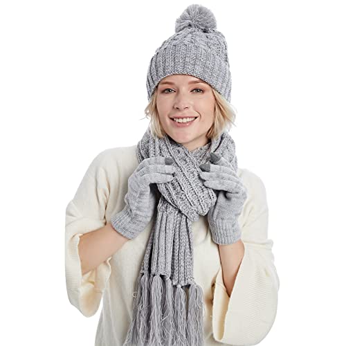 Cozy Fleece Lined Cable Knit Beanie Hat, Scarf & Gloves Set for Women & Men - Winter Warm Accessories for Skiing, Snowboarding & Outdoor Activities