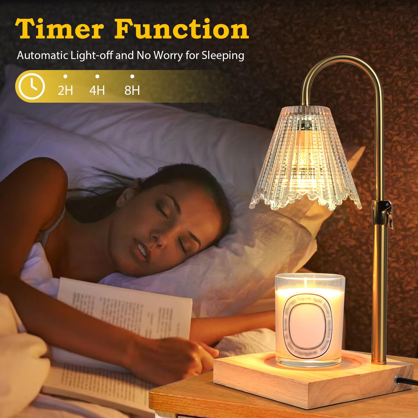 Electric Candle Warmer Lamp with Timer & Dimmer - Adjustable Height, Auto Shut-Off, Includes 2 Bulbs - Flameless Wax Melt Warmer for Home Decor, Gifts, Scented Jar Candles - Perfect for Bedroom, Living Room, Office Aromatherapy
