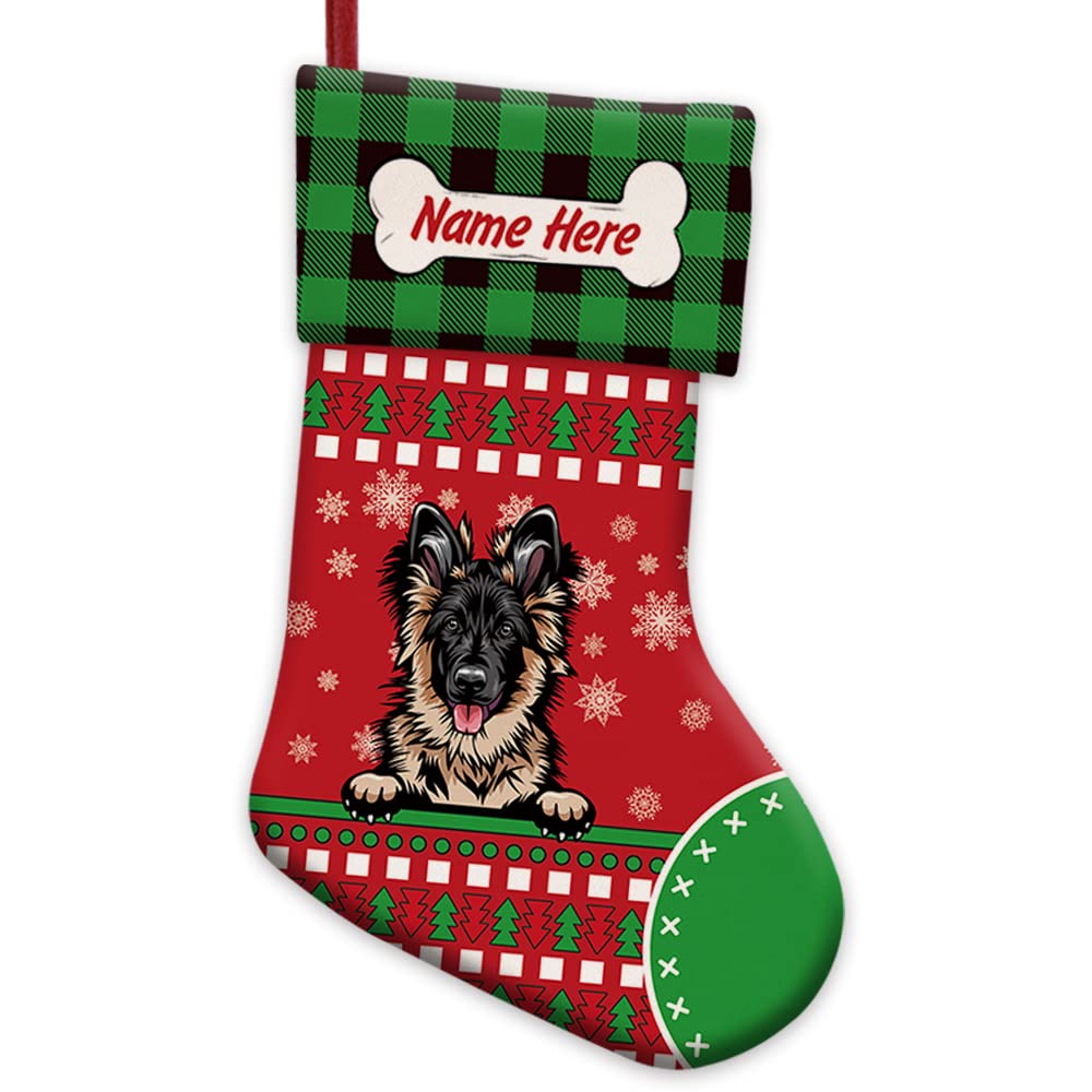 1 Pack Custom Merry Christmas Stocking - Red Dog German Shepherd Bone & Green Buffalo Plaid Snowflake Design - 14.4 Inch Holiday Decoration for Fireplace, Gift Exchange & Festive Home Decor
