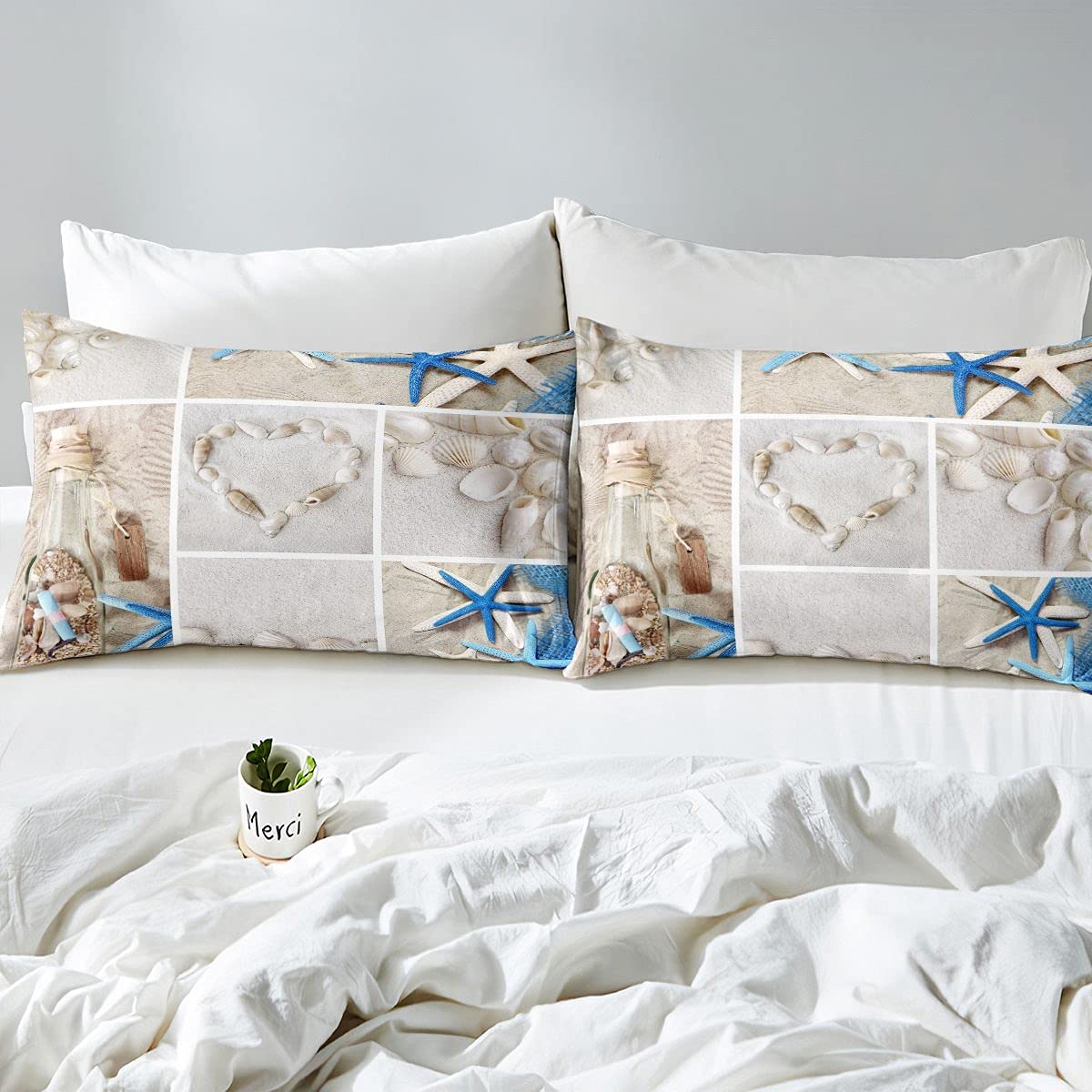 Erosebridal Ocean Themed Twin Size Beach Comforter Set - Coastal Nature Duvet Cover with Starfish & Heart Design for Kids, Teens & Adults | Perfect for Beach House Bedrooms, Summer Decor & Coastal Themed Guest Rooms