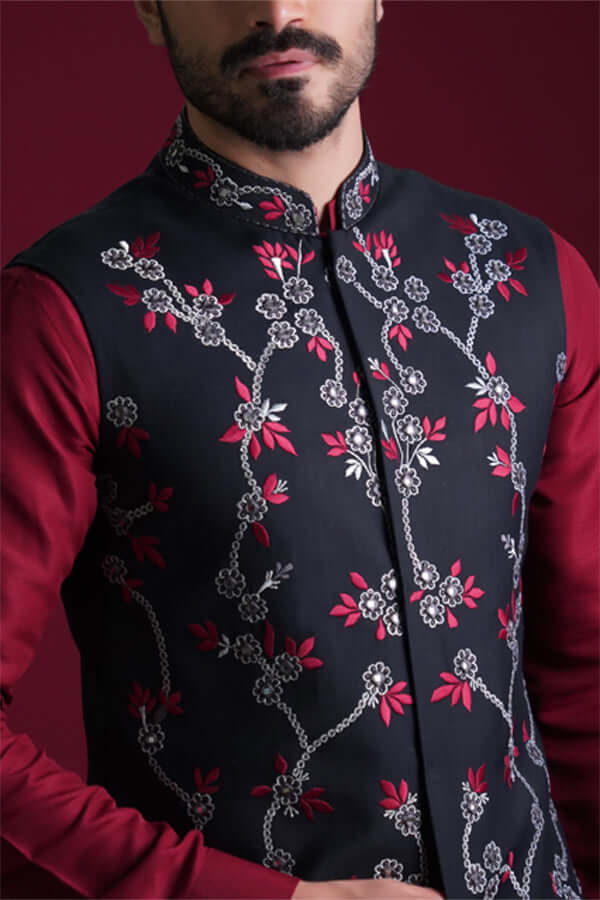 Elegant Deep Maroon Kurta Pajama Set with Charcoal Grey Embroidered Waistcoat - Indian Ethnic Wear for Weddings, Festivals & Special Occasions