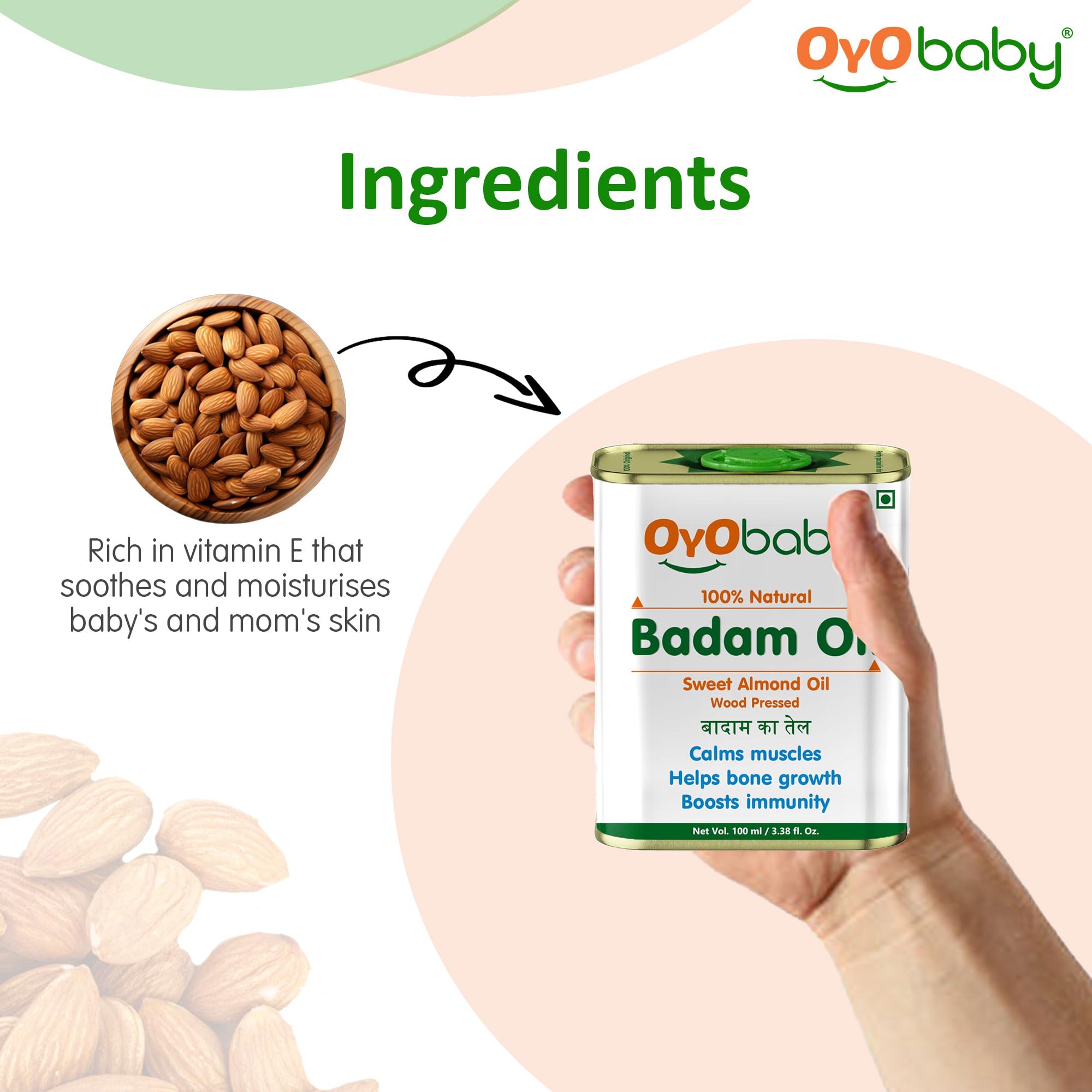 OYO BABY 100% Pure & Natural Almond Massage Oil for Babies - 100ml | Promotes Faster Physical Growth, Stronger Bones & Muscles | Cold Pressed Baby Hair Oil | Ideal for Infant Massage, Skin Hydration & Hair Care