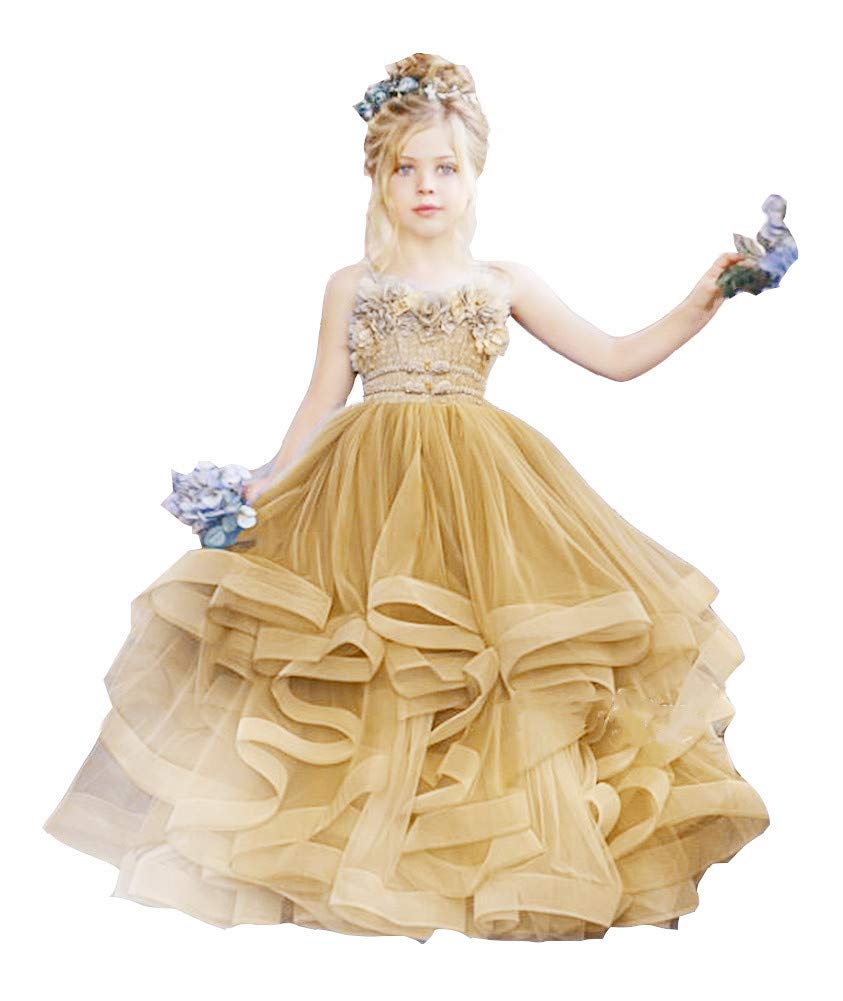Honeydress Girls Spaghetti Strap Lace Floral Applique Tiered A-Line Pageant Dress - Champagne Birthday Party Gown for Toddler & Kids - Perfect for Pageants, Weddings, and Special Occasions