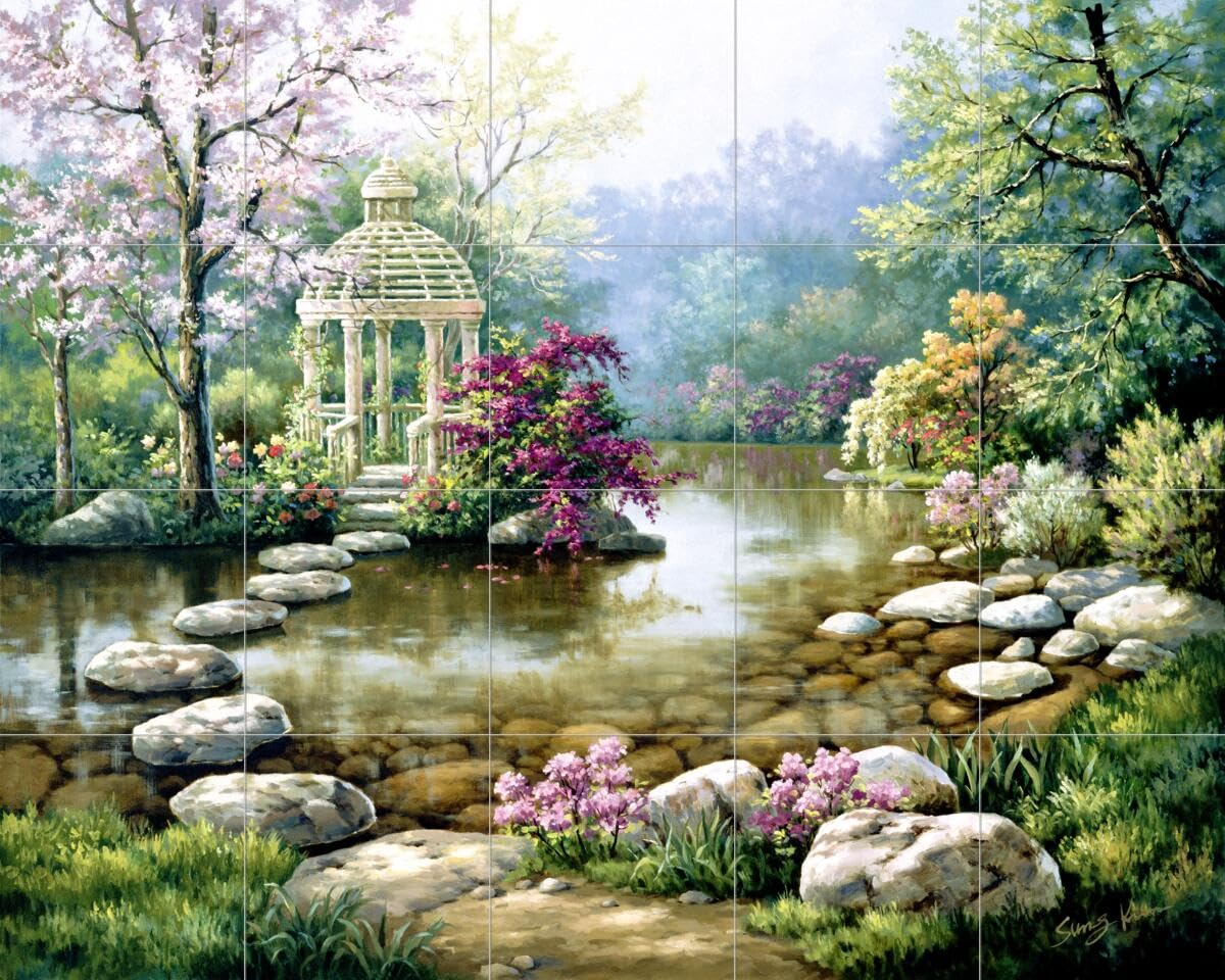 Ceramic Backsplash Tile Mural - Garden Landscape Design for Kitchen, Bathroom & Shower - Gazebo Theme by Sung Kim - Perfect for Home Renovation & Interior Decor