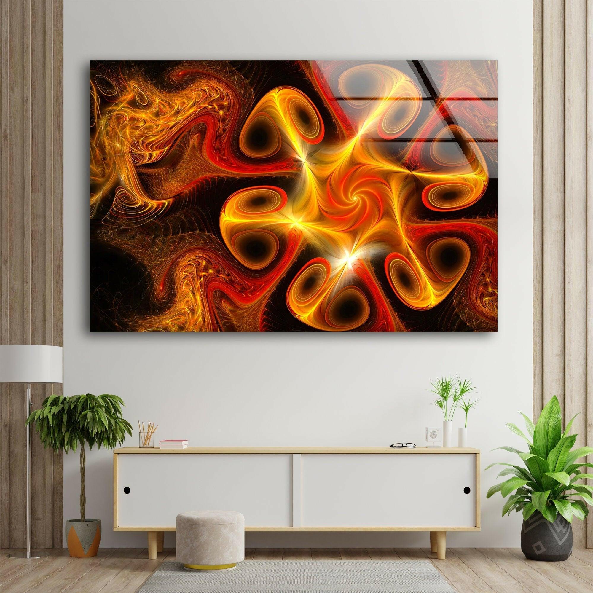 Abstract Orange Fractal Glass Wall Art - Modern Geometric Home Decor for Living Room, Bedroom & Office - Handmade 3D Wall Sculpture for Contemporary Interior Design
