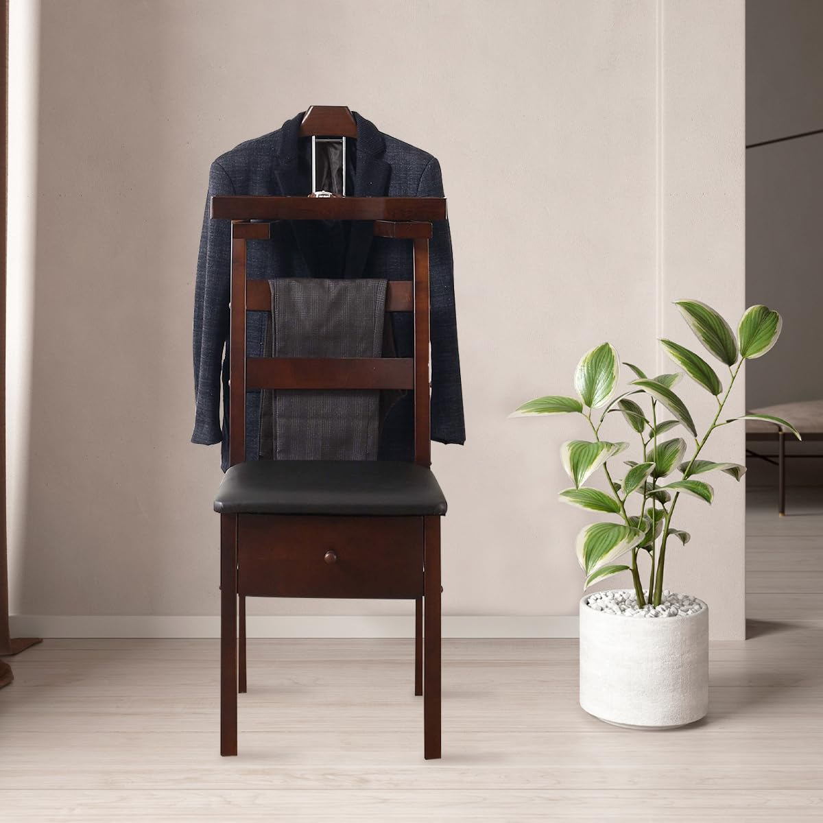 ZCXBHD Gentleman's Valet Chair - Wooden Suit Stand for Men & Women with Drawer & Trouser Bar - Entryway, Office & Living Room Clothes Valet Organizer - Perfect for Suit Storage & Wardrobe Organization