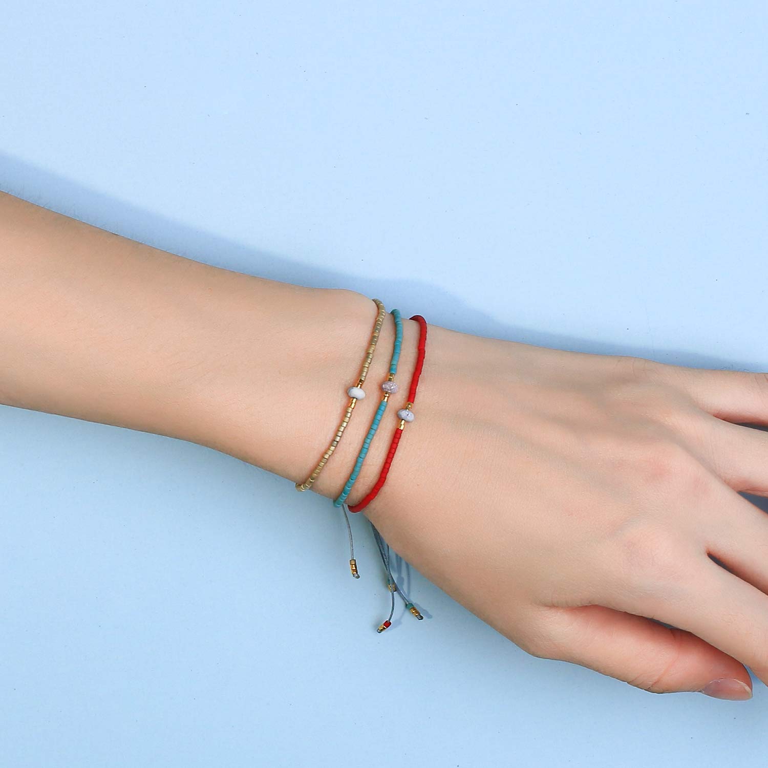 KELITCH Agate Seed Beads Friendship Bracelets for Women - Thin Stretch Bracelets with Natural Stones, Boho Beaded Jewelry for Beach, Summer, Yoga and Gift Giving