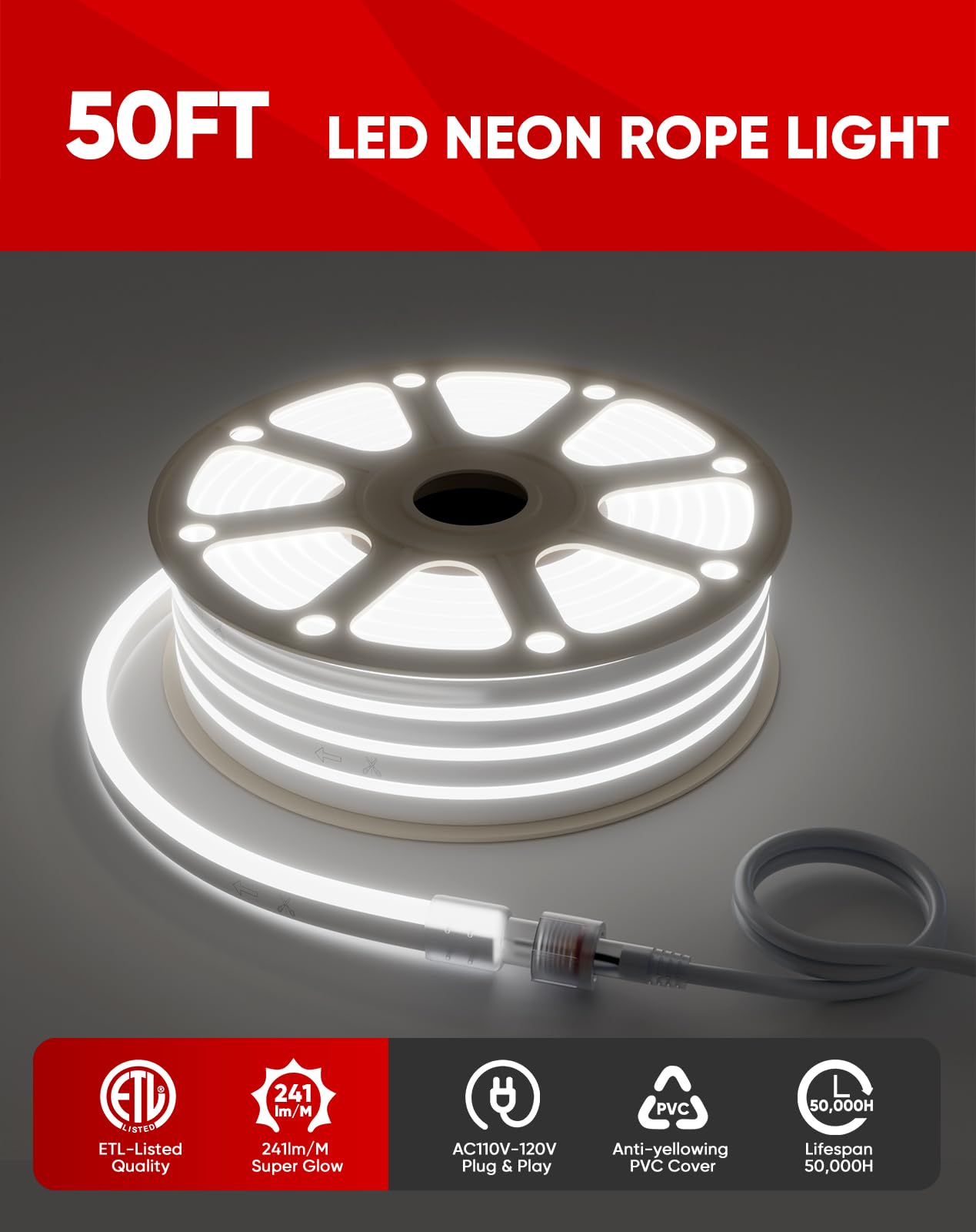 Shine Decor LED Neon Rope Lights 50ft - 120V AC Expandable Cuttable Strip Lighting (120LEDs/M, 6300K Cool White) - ETL Certified, Cold-Resistant & IP65 Waterproof for Indoor/Outdoor Use - Perfect for Home Decor, Parties, Bars, and Wedding Lighting