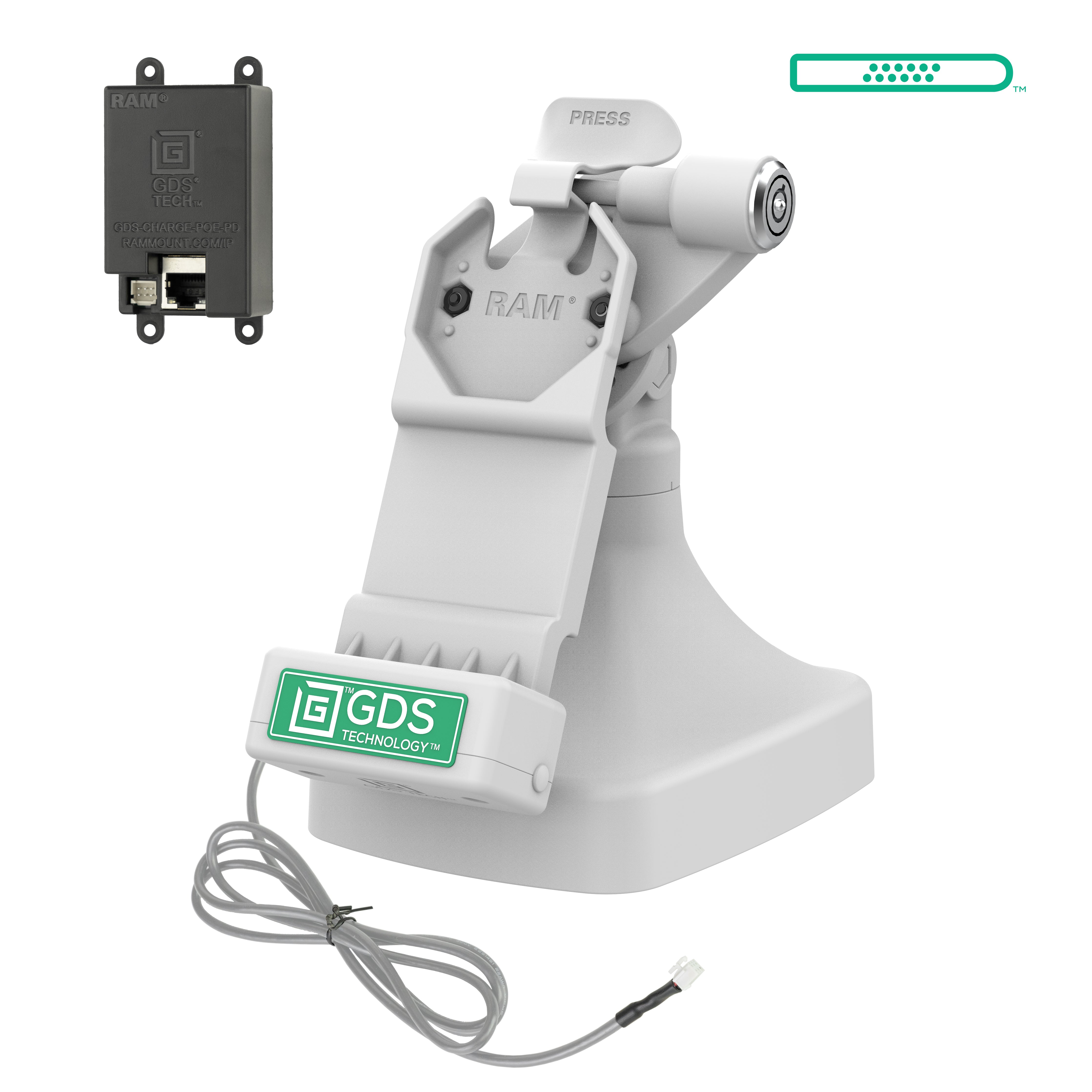 GDS® Uni Conn™ Locking Tilt & Swivel Dock with PoE - Gray (RAM GDS DOCKLR D14 U1E GRY) - Perfect for Secure Device Mounting in Vehicles, Boats & Industrial Equipment