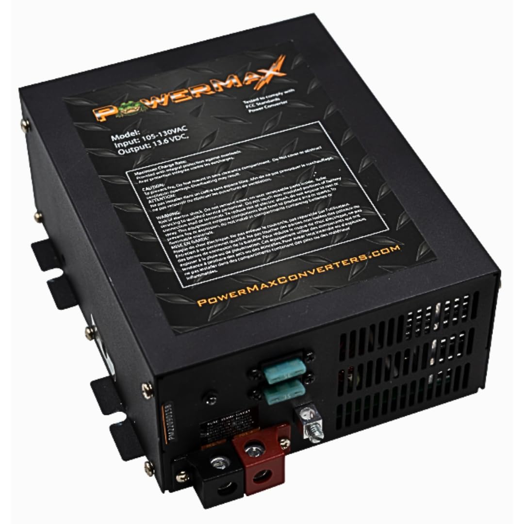 PowerMax PM3-45 45A Power Supply & Battery Charger - 110/120V AC to 0-12V DC Converter with 3-Stage Smart Charging, Cooling Fan & LED Indicator - Compatible with Lithium Batteries - Perfect for RV, Marine, Solar & Off-Grid Power Systems