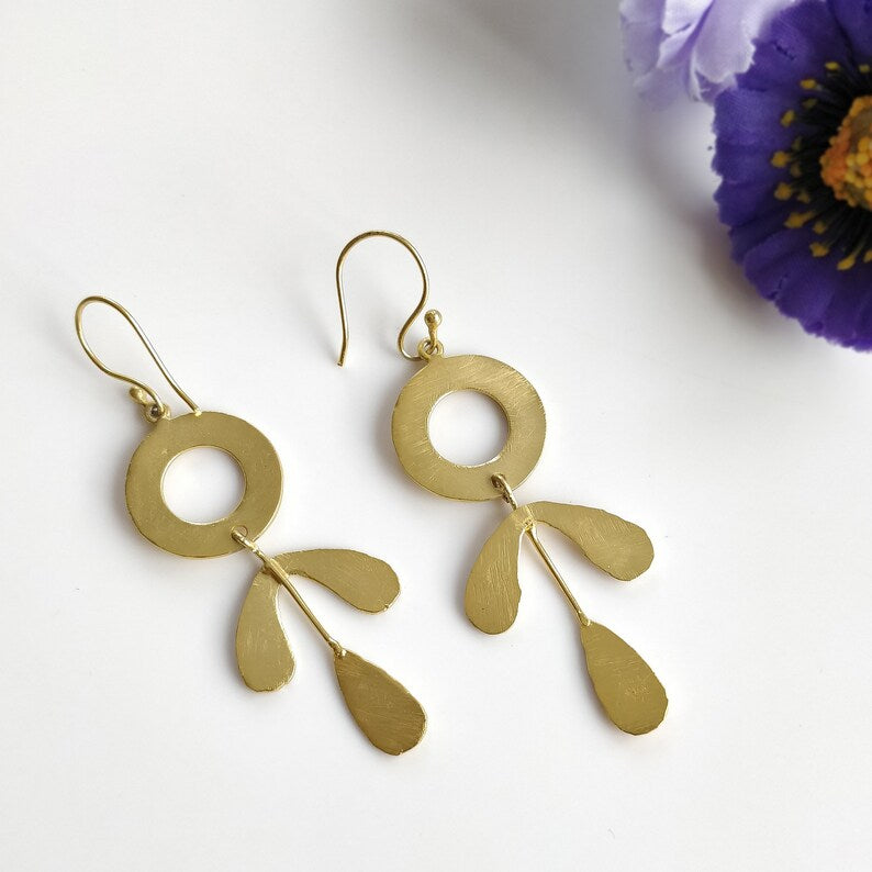 Handmade Brass Earrings - 3x1 Inch 18K Gold Plated Boho Leaf Design Drop Dangle Hook Earrings for Women (7.86g) | Perfect Gift for Her, Great for Parties, Weddings & Everyday Wear
