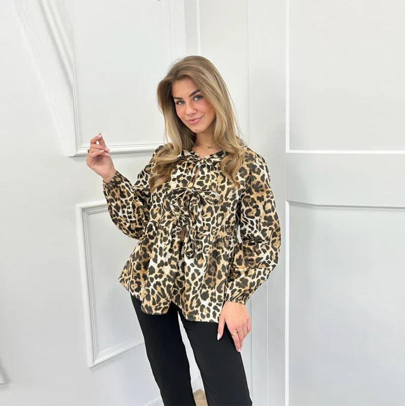 Stylish Leopard Print Long Sleeve Blouse for Women - Y2K Fashion Loose Fit Lace-Up Top for Spring/Summer - Perfect for Casual Outings, Date Nights & Streetwear Looks