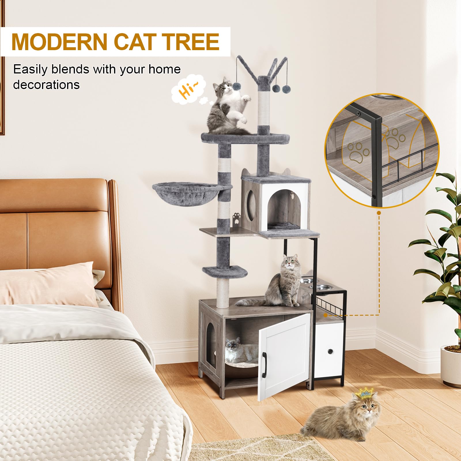 Snughome 3-in-1 Modern Cat Tree with Hidden Litter Box Enclosure - 67.32’’ Tall Cat Tower Furniture for Indoor Cats Featuring Condo, Food Station & Hammocks - All-in-One Grey Cat Furniture for Small Spaces & Apartments - Perfect for Play, Rest & Feeding Areas