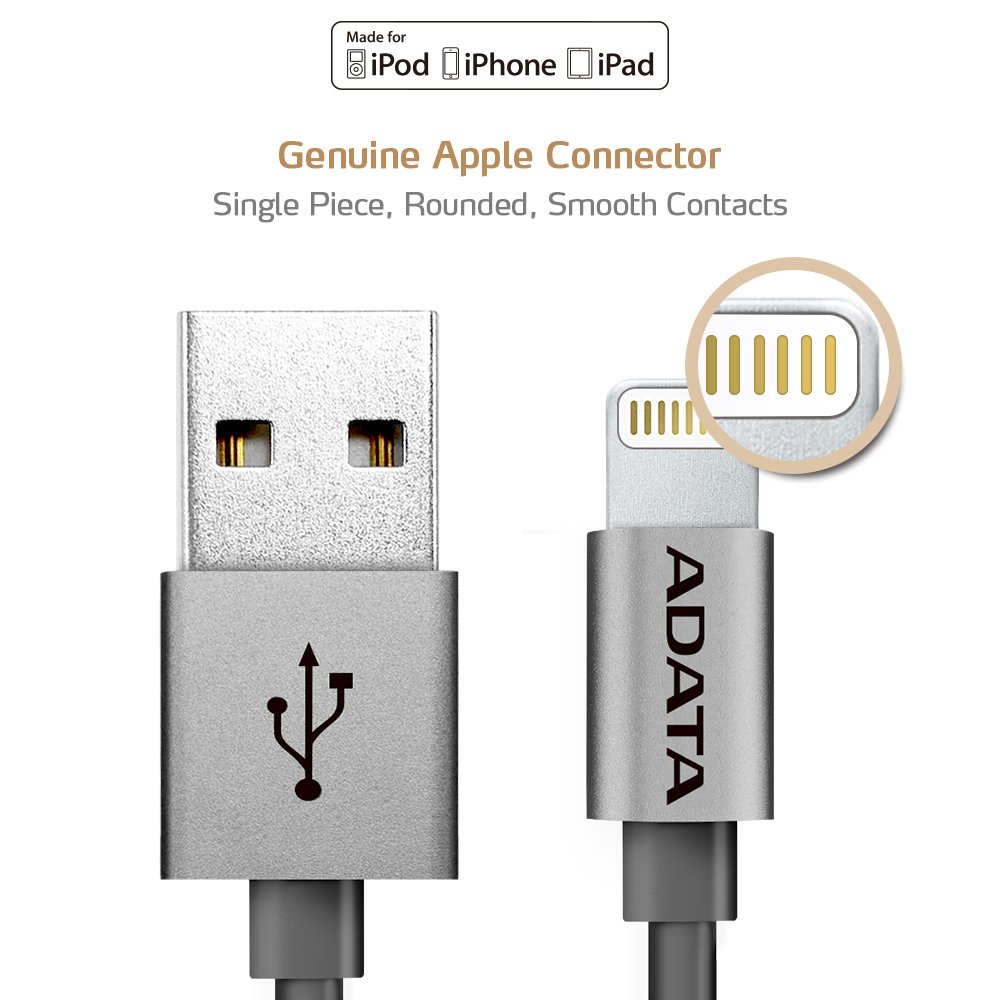 ADATA MFi Certified Aluminum Lightning Cable for iPhone, iPad - 3.3ft Durable Titanium Charging Cord - Fast Charging & Sync for iPhone 14/13/12/11/X/8/7/6 - Perfect for Home, Office, Travel & Car Use