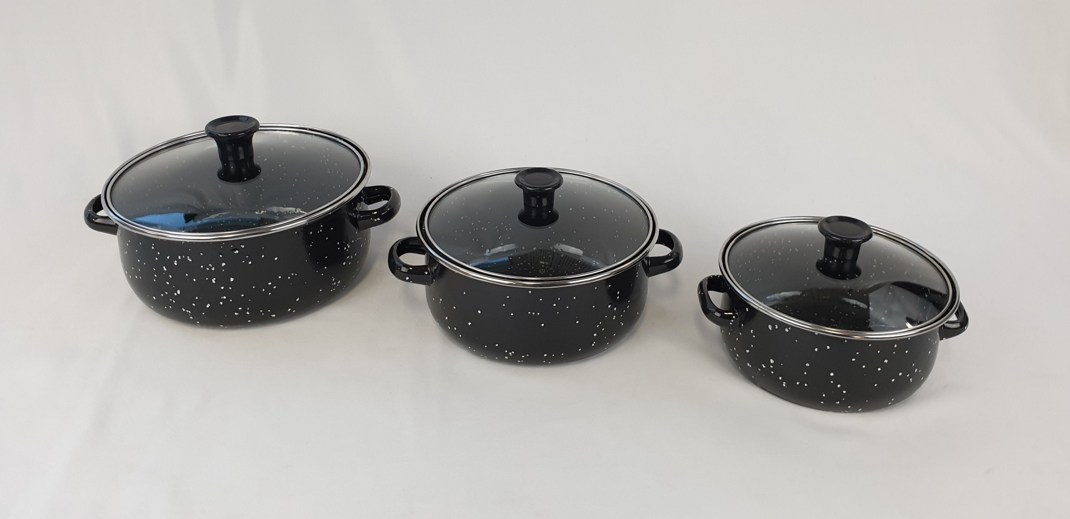 3-Piece Enamel Pot Set (6.5, 7, 8 Quart) - Durable Cooking Pots for Stovetop, Camping & Kitchen Use - 12/Case