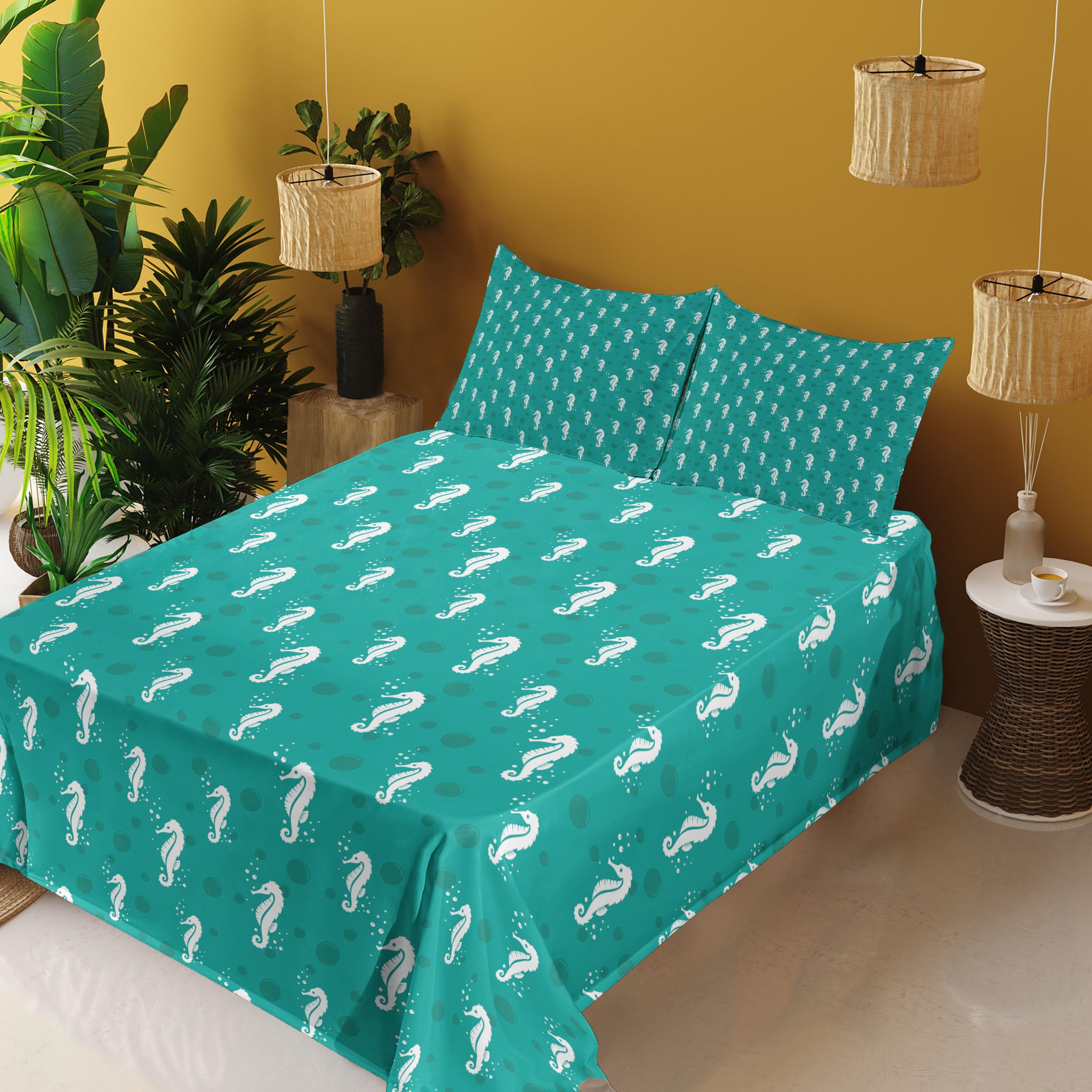 Ambesonne Seahorse King Size 4-Piece Sheet Set - Ocean Themed Marine Aquatic Bubbles Sea Life Coastal Pattern Bedding in Sea Green Teal & White | Fitted Sheet, Flat Sheet & 2 Pillowcases | Perfect for Beach House, Coastal Decor or Nautical Themed Bedrooms