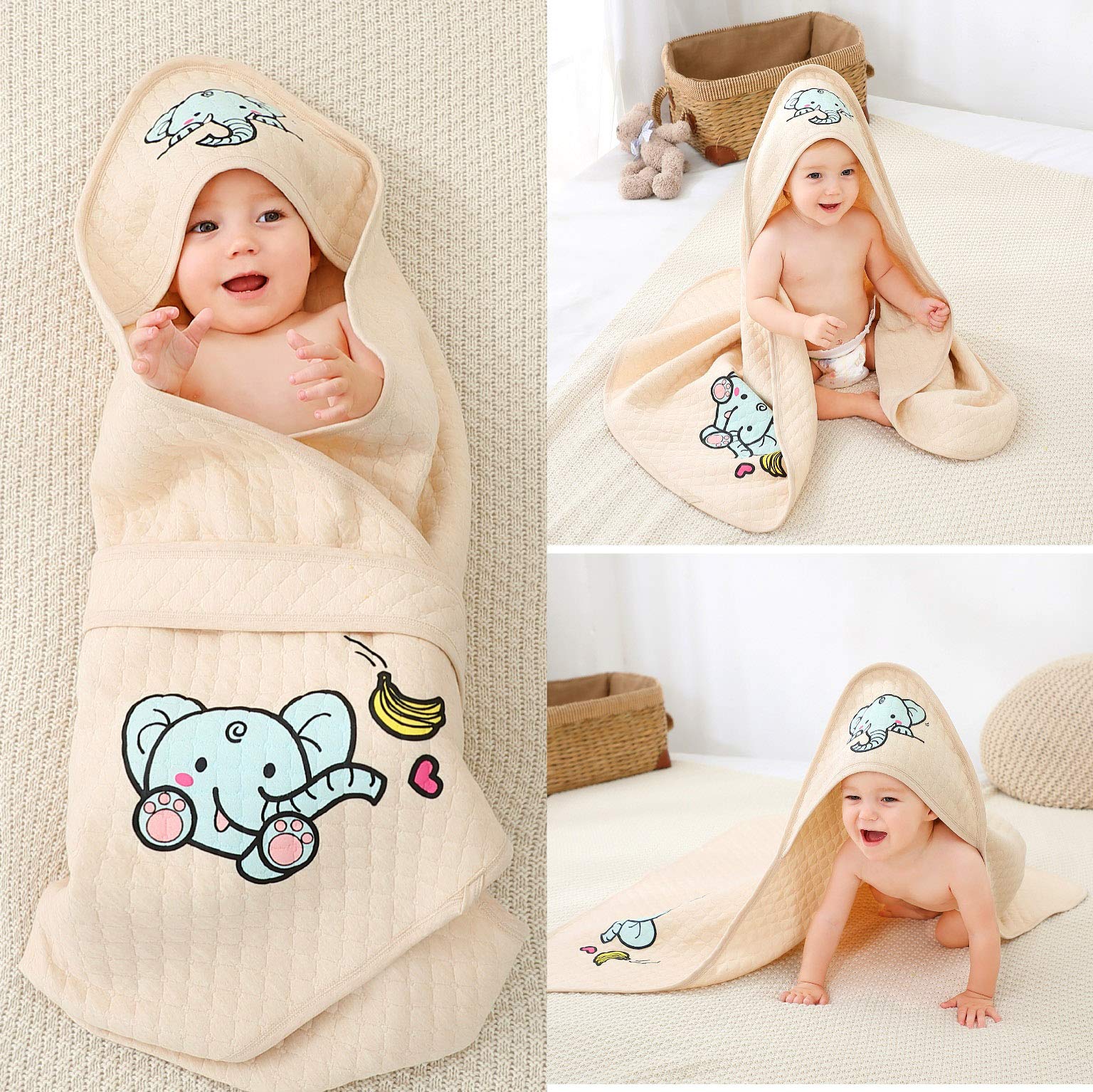 Organic Cotton Baby Wearable Blanket with Elephant Print - Soft Hooded Sleep Sack for Newborns & Infants | Cozy Nursery Essential for Naptime & Bedtime