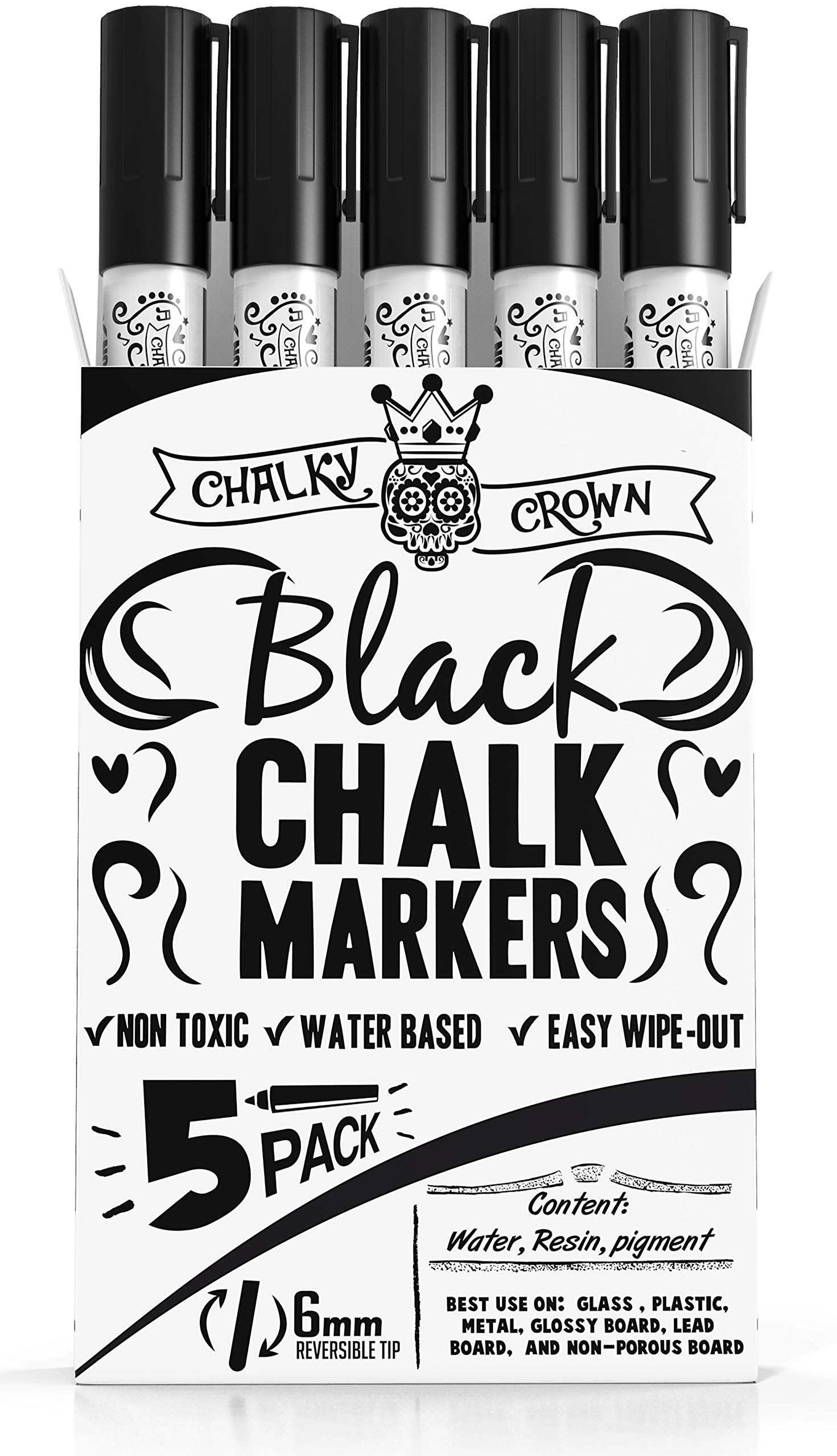 CHALKY CROWN Liquid Chalk Markers 5 Pack - Dry Erase Markers for Chalkboard, Blackboard, Glass & Windows - 6mm Reversible Tip Non-Toxic Markers - Perfect for Restaurants, Cafes, Retail Signs & Classroom Whiteboards (Black)