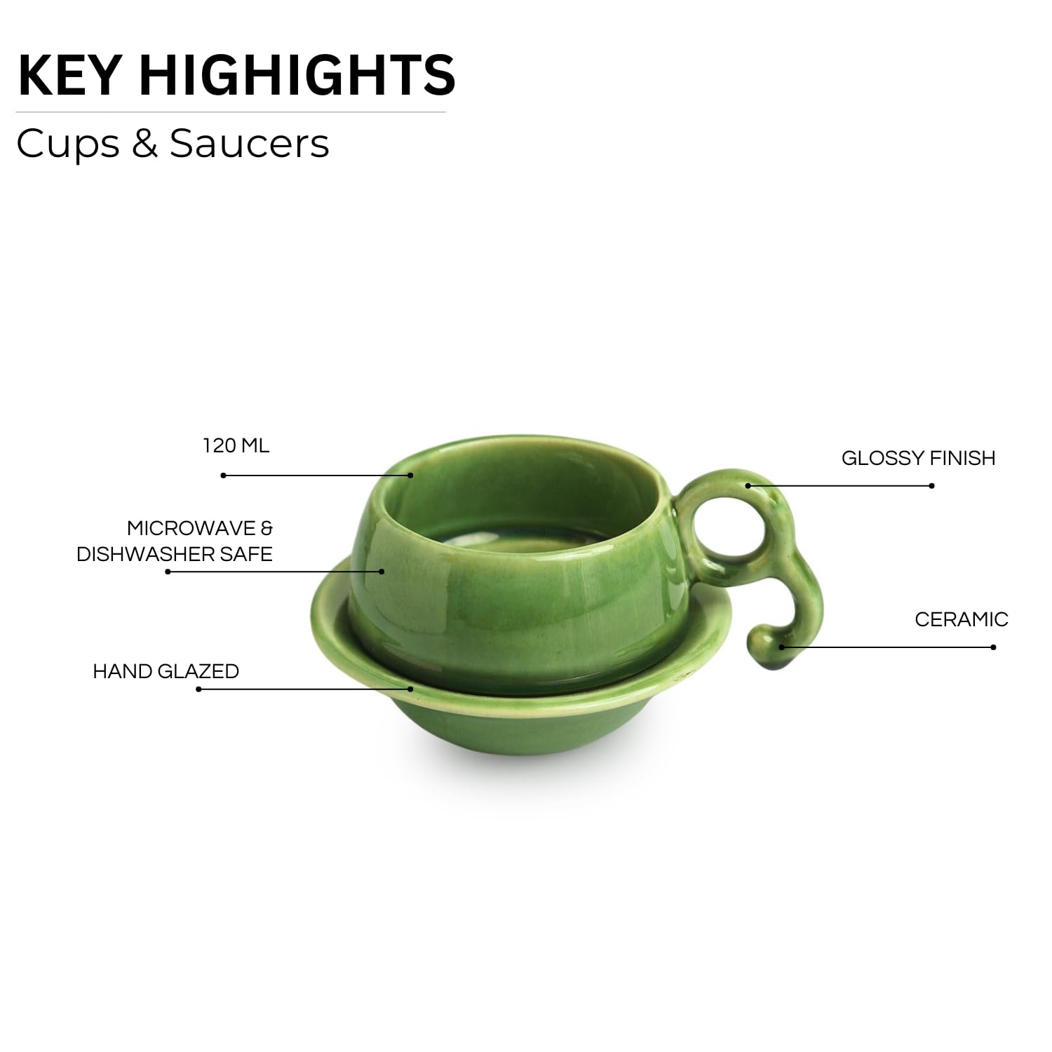 ExclusiveLane 'Jade Forest' 6-Piece Ceramic Tea Cup Set with Saucers (120ml, Jade Green) - Dishwasher & Microwave Safe Coffee Mugs for Chai, Tea & Hot Beverages | Perfect for Home, Office & Gifts