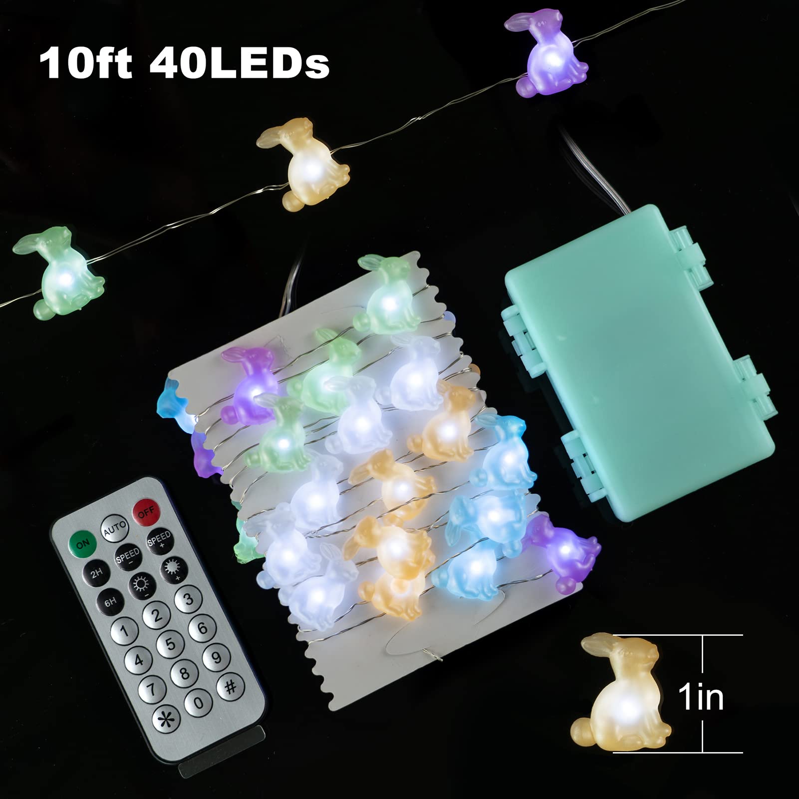 BOHON Easter Bunny LED String Lights - 10 ft 40 LEDs Battery Operated with Remote Control - Rabbit Shaped Fairy Lights for Bedroom, Party, Indoor, Birthday & Wedding Decor - Perfect for Easter Home Decorations, Holiday Lighting and Festive Atmosphere