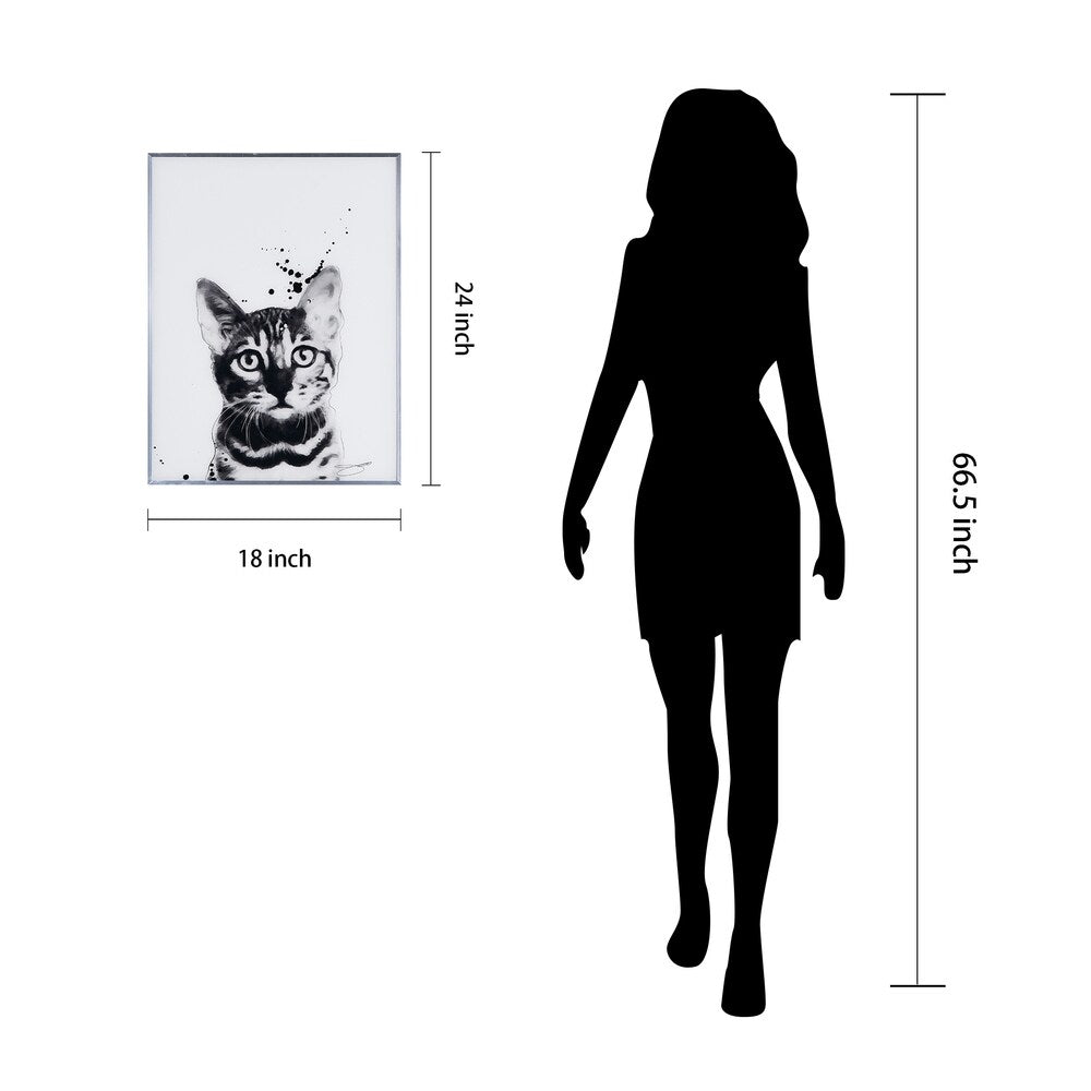 Bengal Cat Black and White Dog Wall Art - Reverse Printed Glass with Gunmetal Frame - Perfect for Living Room, Bedroom & Office Decor