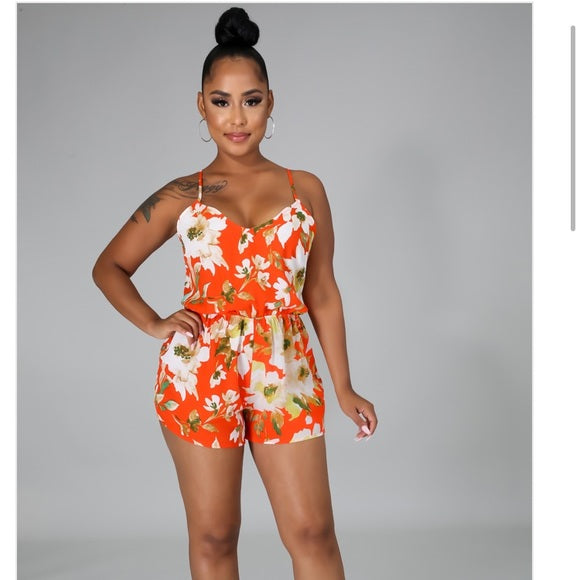 Stylish Orange Floral Romper Jumpsuit for Women - Summer Casual Outfit, Beach Vacation & Party Wear