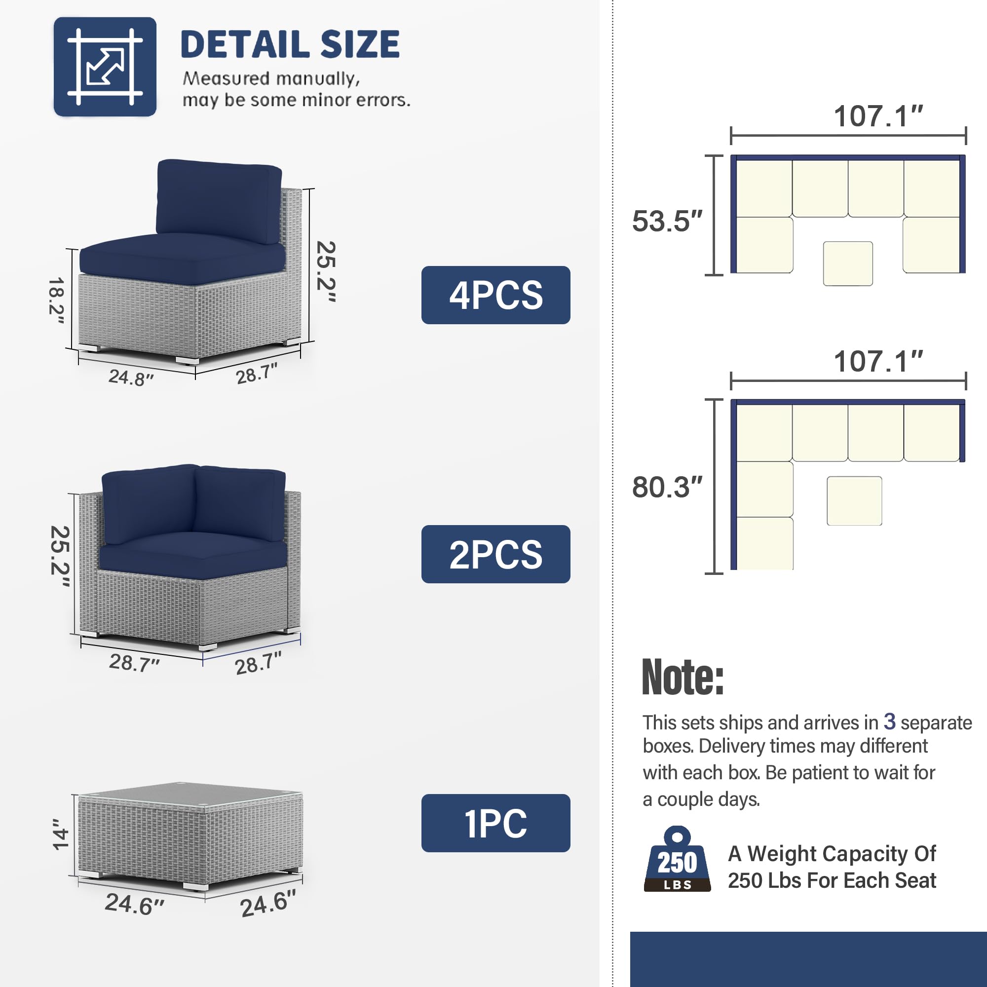 7-Piece Outdoor Patio Furniture Set - Grey Wicker Sectional Sofa with Coffee Table & Dark Blue Cushions | Weather-Resistant Conversation Set for Backyard, Poolside & Garden | Perfect for Entertaining & Relaxing