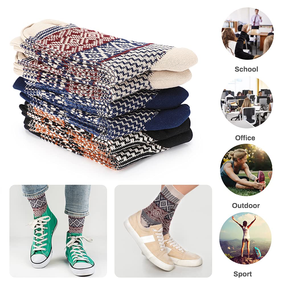 6 Pairs Warm Wool Cotton Socks for Men & Women - Unisex Winter Cabin Socks with Vintage Knit Patterns - Cozy Thermal Socks for Cold Weather, Hiking, Home & Office Wear