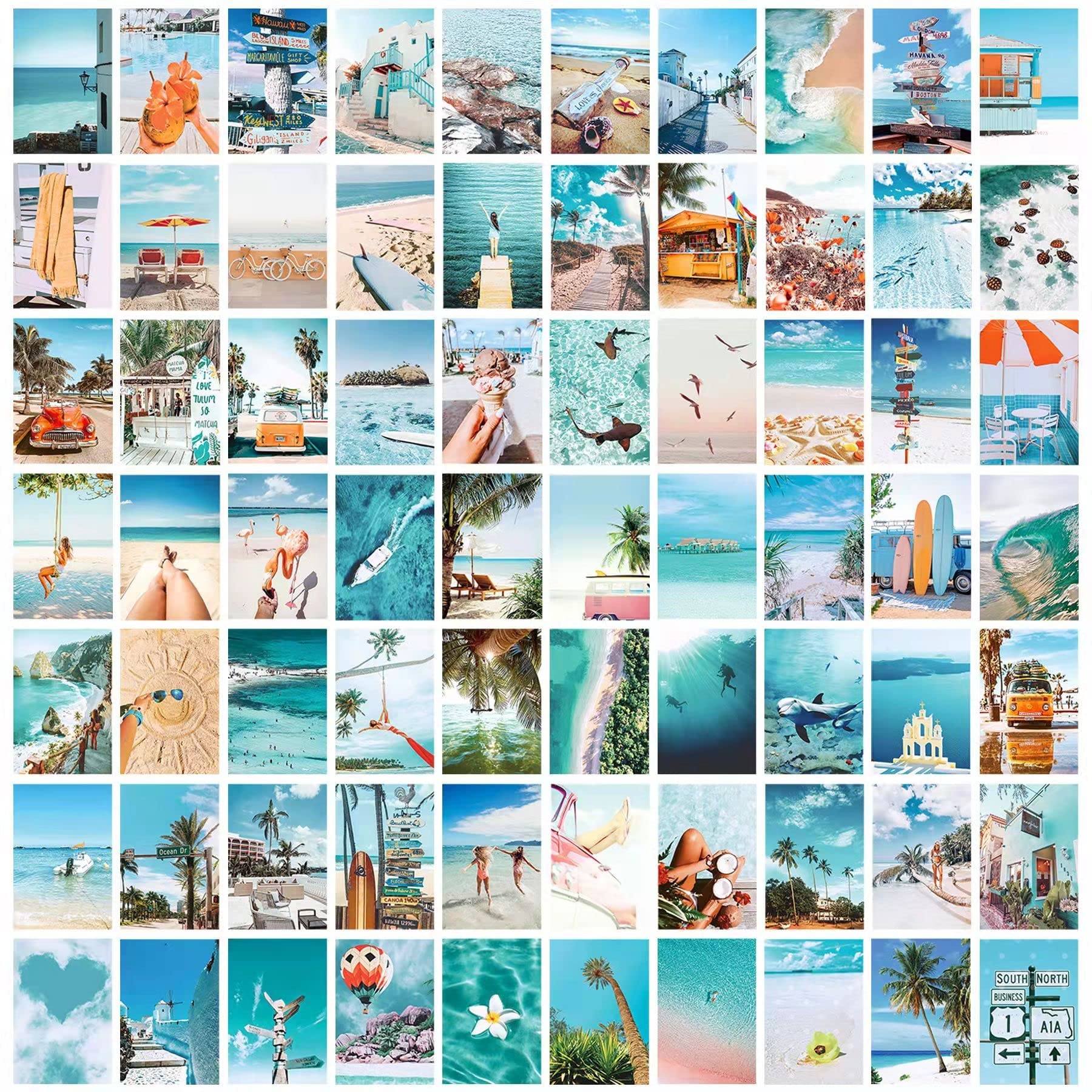 LIIGEMI 70PCS Blue Aesthetic Wall Collage Kit - Summer Beach Themed Prints for Teen Girls Room Decor | Double-Sided 4x6 Inch VSCO Style Pictures | Perfect for Bedroom, Dorm, or Gift Decorations