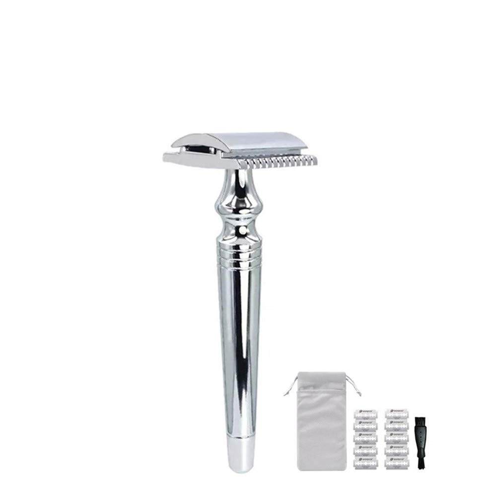 Classic Chrome Safety Razor with 10 Blades & Brush - Wet Shaving Kit for Men - Perfect for Travel & Gifts